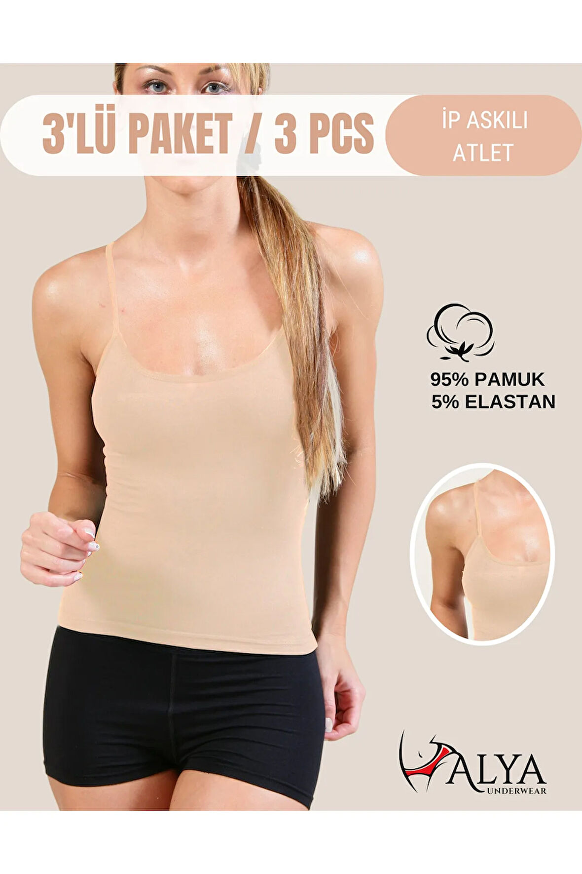 Kadın Pamuklu Ip Askılı Oval Yaka Atlet ( 3'lü, 3 Adet Ten - 2XL )
