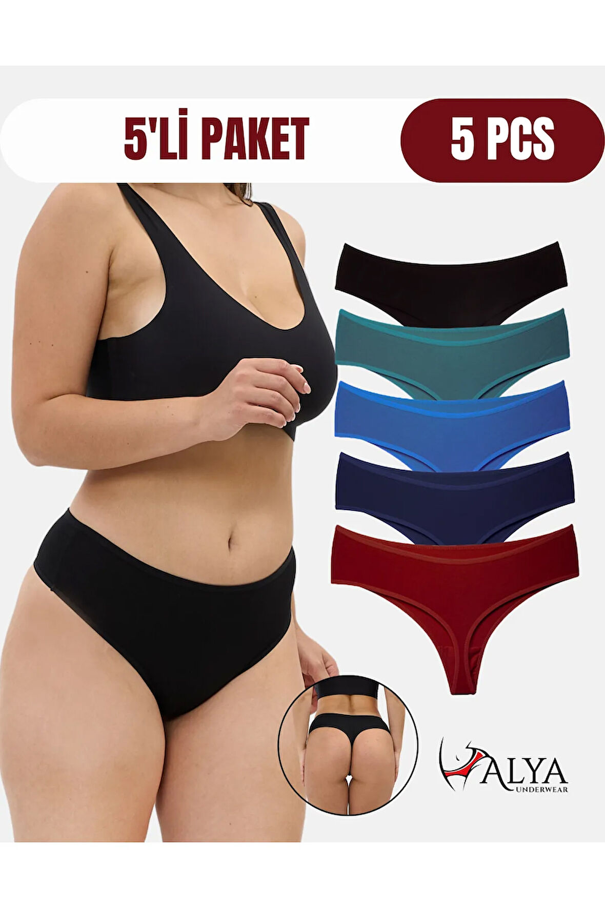 ALYA UNDERWEAR Kadın Yüksek Bel, Toparlayıcı, Tanga Külotlar -  5'li Paket Bordo, Siyah , Lacivert, K Yeşil, İndigo