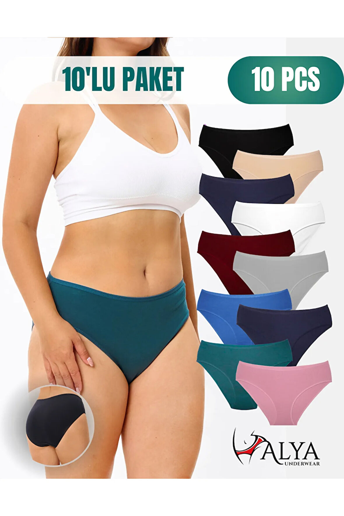 ALYA UNDERWEAR Kadın Pamuklu Külot Basic Slip Renkli Iç Çamaşırı 10'lu Paket ( Multicolor-x36)