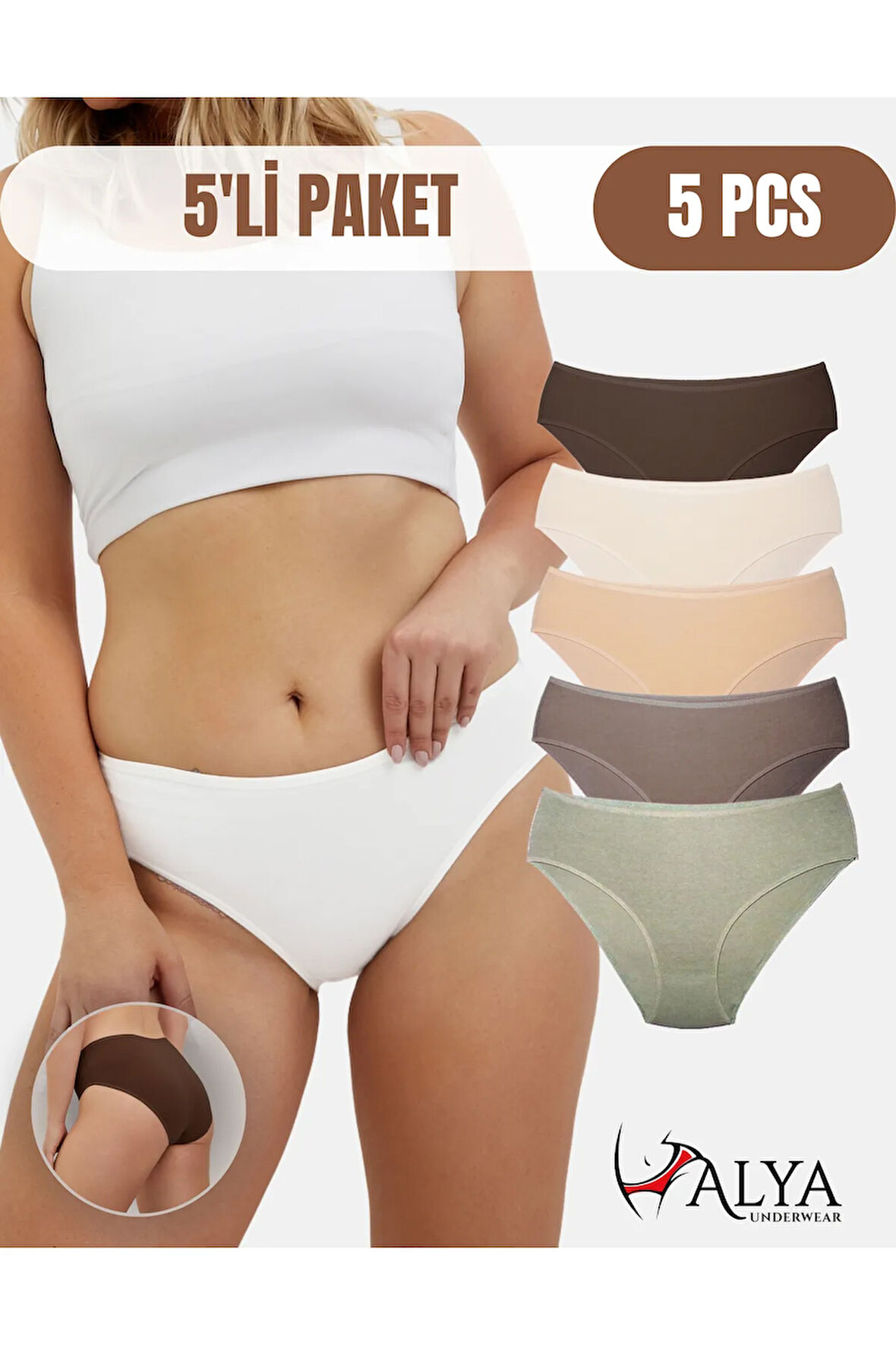 ALYA UNDERWEAR Kadın Külot Pamuklu Iç Çamaşırı Büyük Beden Dahil - Kahve, Bej, Pudra, Sütlü Kahve, Beyaz 5'li Paket