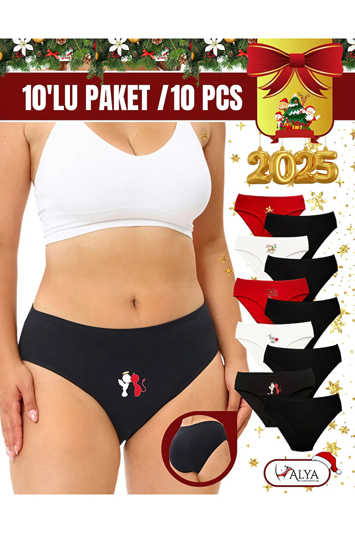 ALYA UNDERWEAR Kadın Pamuklu Kırmızı Siyah Beyaz Yeni Yıl Baskılı Külot, 10'lu Paket  (MULTİCOLOR - X40)