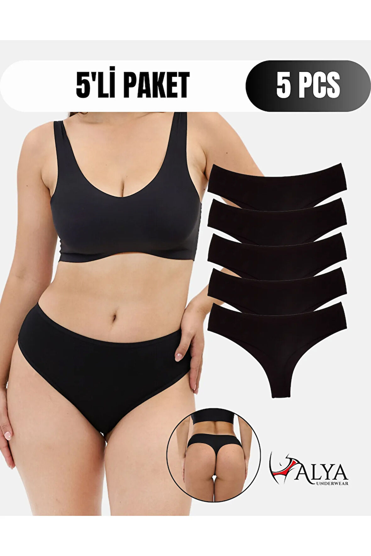 ALYA UNDERWEAR Kadın Yüksek Bel, Toparlayıcı, Tanga Külotlar - 5 Adet Siyah (S, M, L, XL, 2XL) - 5 Adet