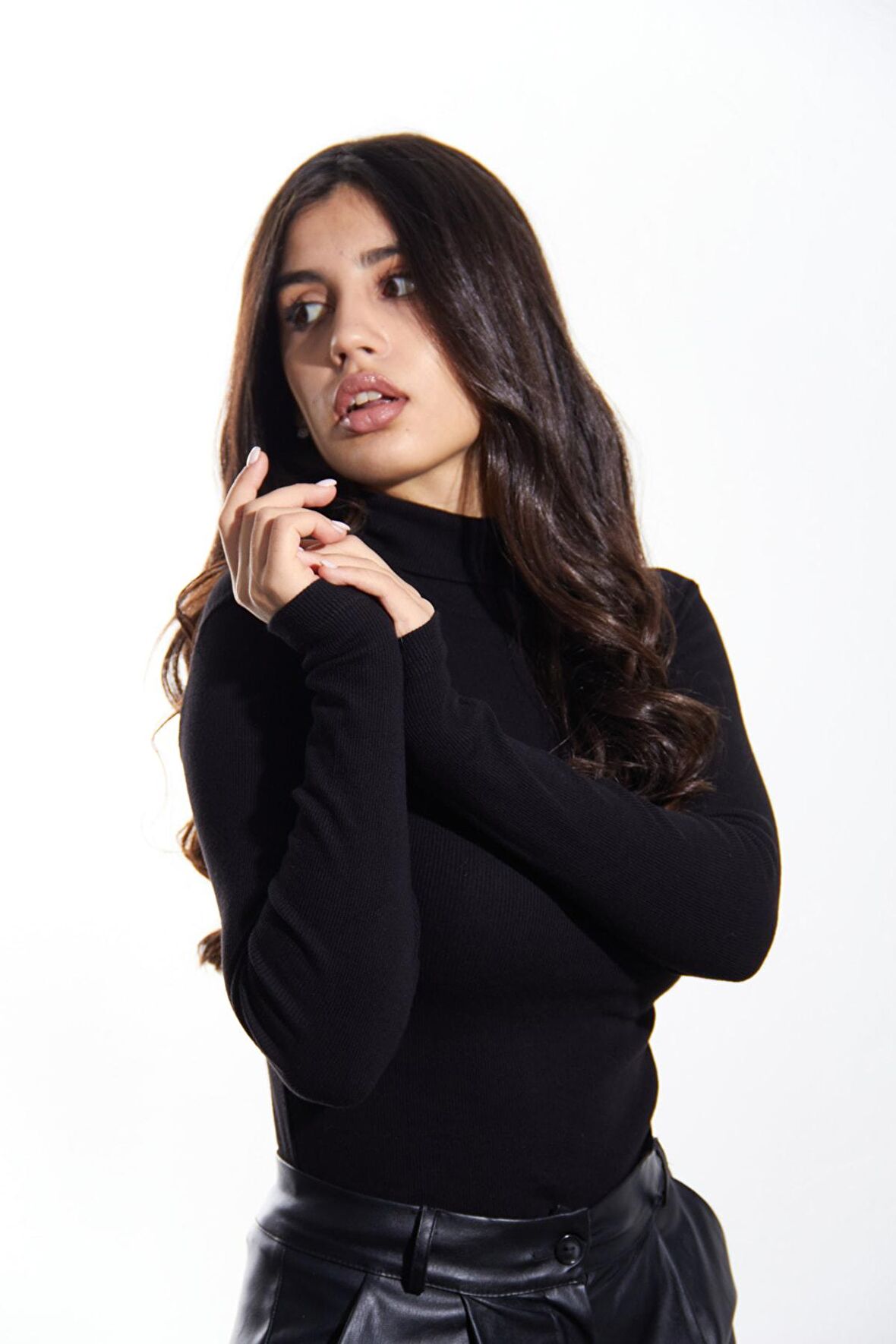 Kaşkorse Tam Boğazlı Body Sweatshirt, Siyah