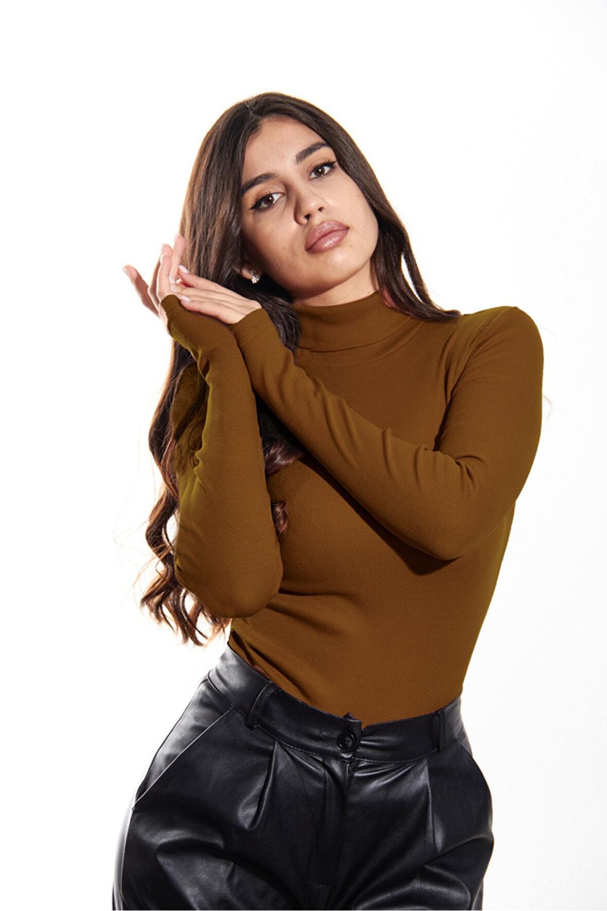 Kaşkorse Tam Boğazlı Body Sweatshirt, Açık Kahve (Tarçın)
