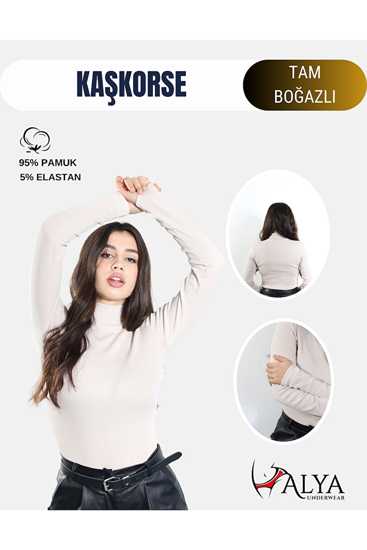 ALYA UNDERWEAR Kaşkorse Tam Boğazlı Body Sweatshirt, Fitilli Kumaş, Likralı, Gül Kurusu
