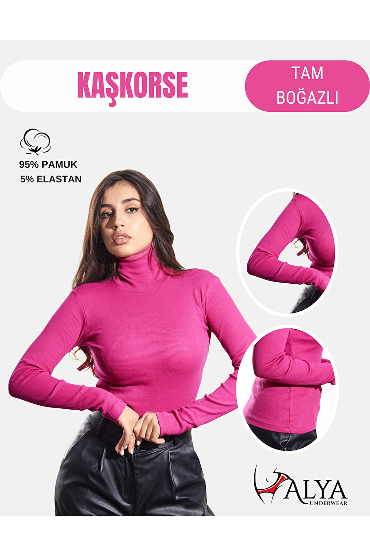 ALYA UNDERWEAR Kaşkorse Tam Boğazlı Body Sweatshirt, Fitilli Kumaş, Likralı, Gül Kurusu