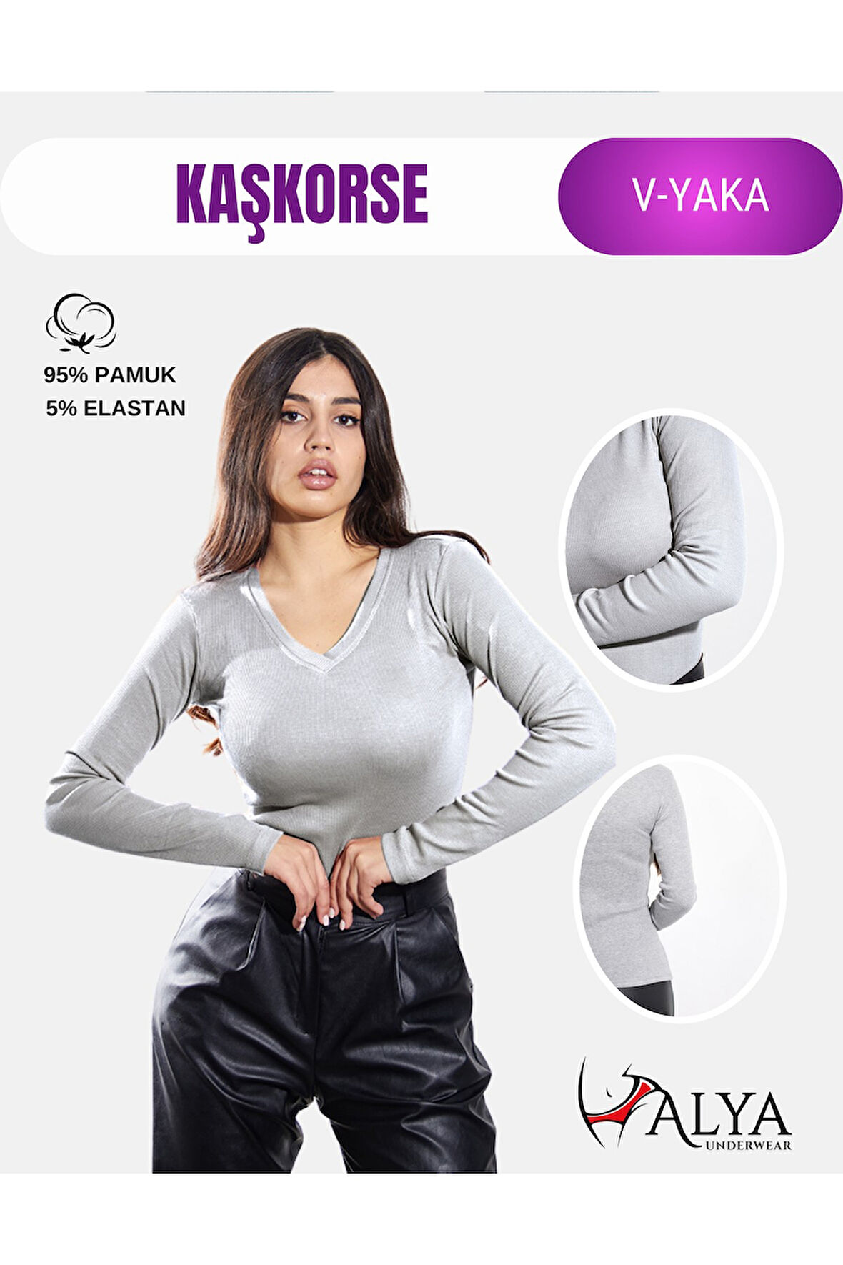 ALYA UNDERWEAR Pamuklu Kaşkorse V Yaka Body Sweatshirt, Fitilli Kumaş Likralı Bluz, Asker Yeşili Badi