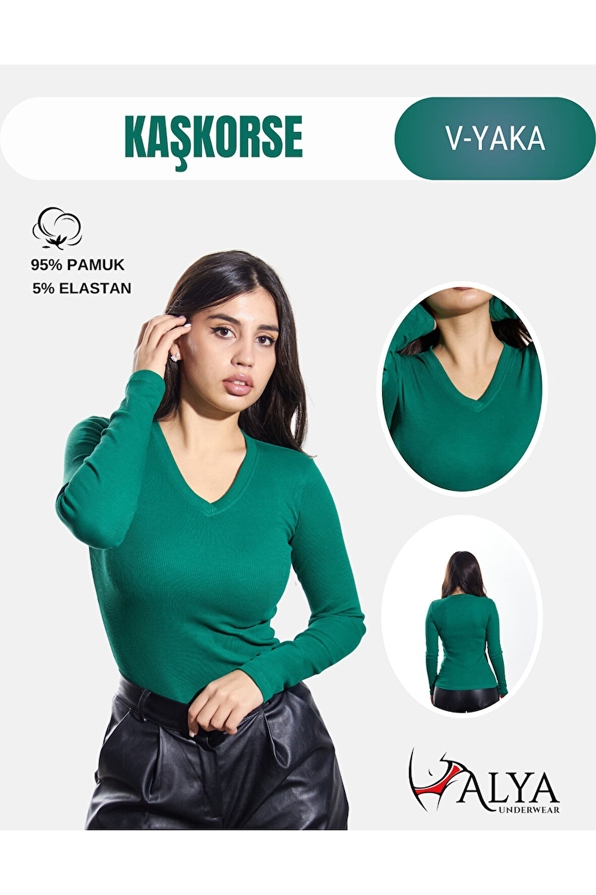ALYA UNDERWEAR Pamuklu Kaşkorse V Yaka Body Sweatshirt, Fitilli Kumaş Likralı Bluz, Asker Yeşili Badi