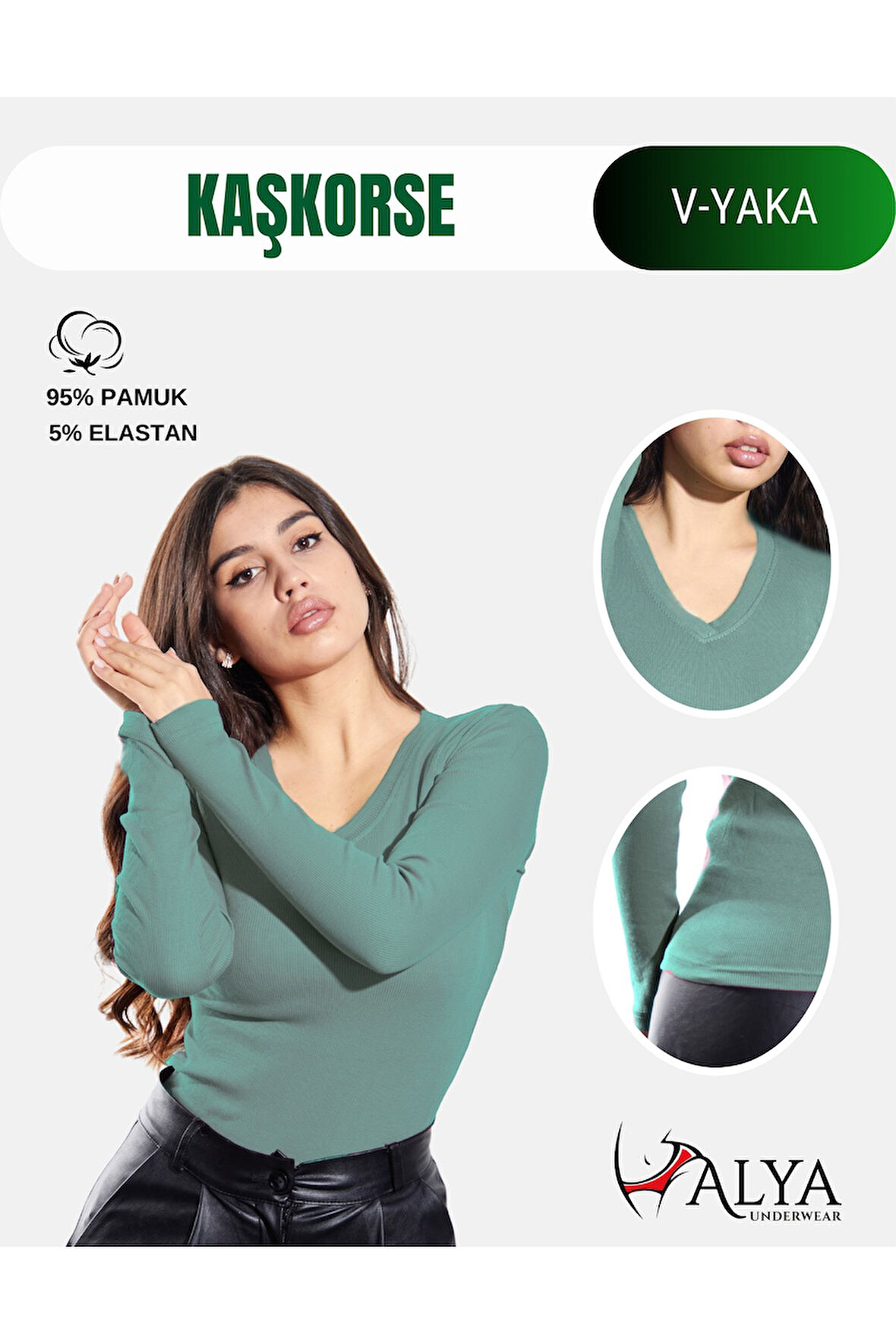 ALYA UNDERWEAR Pamuklu Kaşkorse V Yaka Body Sweatshirt, Fitilli Kumaş Likralı Bluz, Asker Yeşili Badi