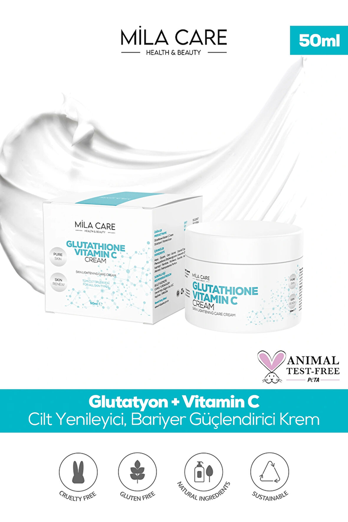 Cilt Yenileyici, Bariyer Güçlendirici, Aydınlatıcı Glutatyon Vitamin C Krem 50ml