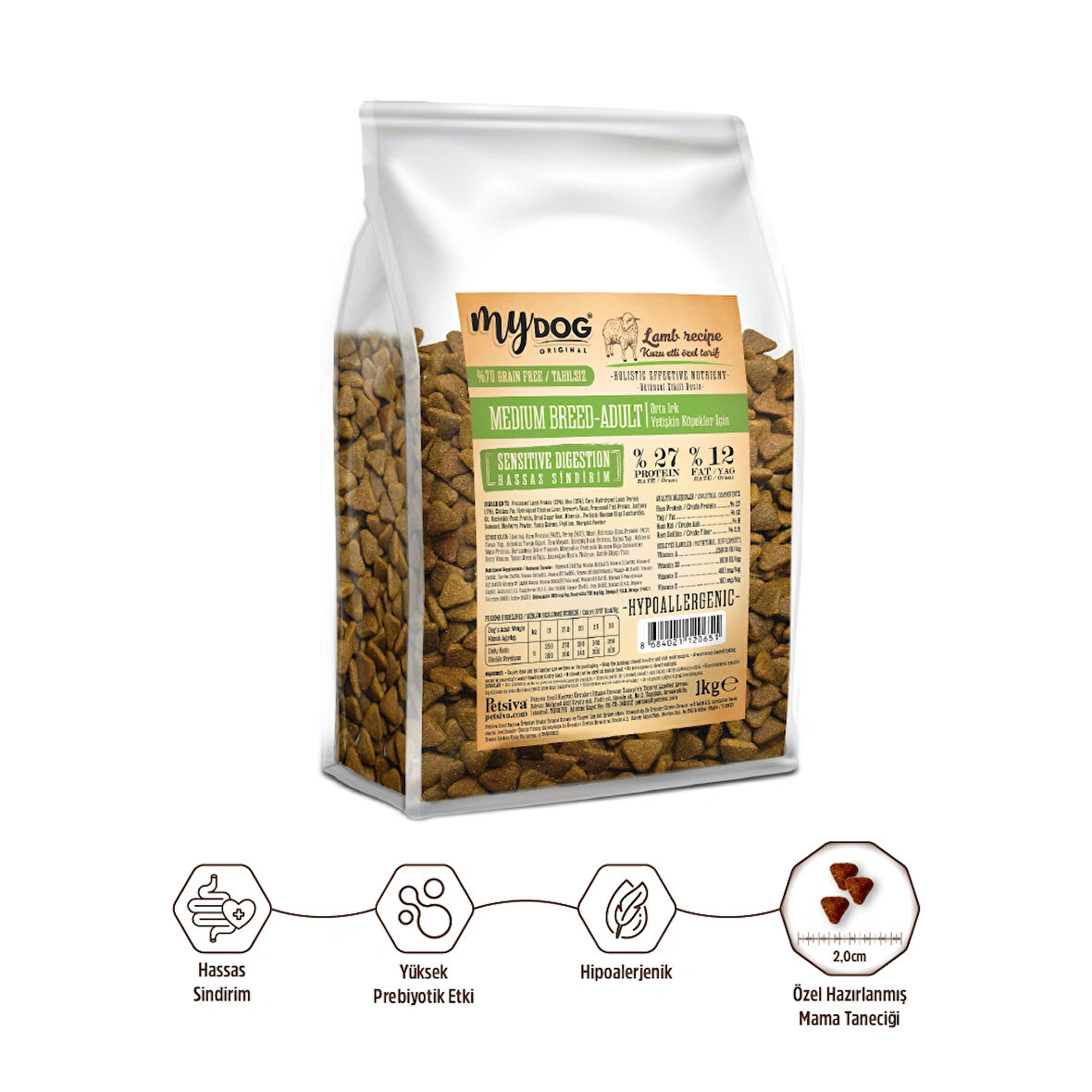 MyDog Original Az Tahıllı Kuzu Etli Küçük ve Orta Irklar İçin Köpek Maması 1kg