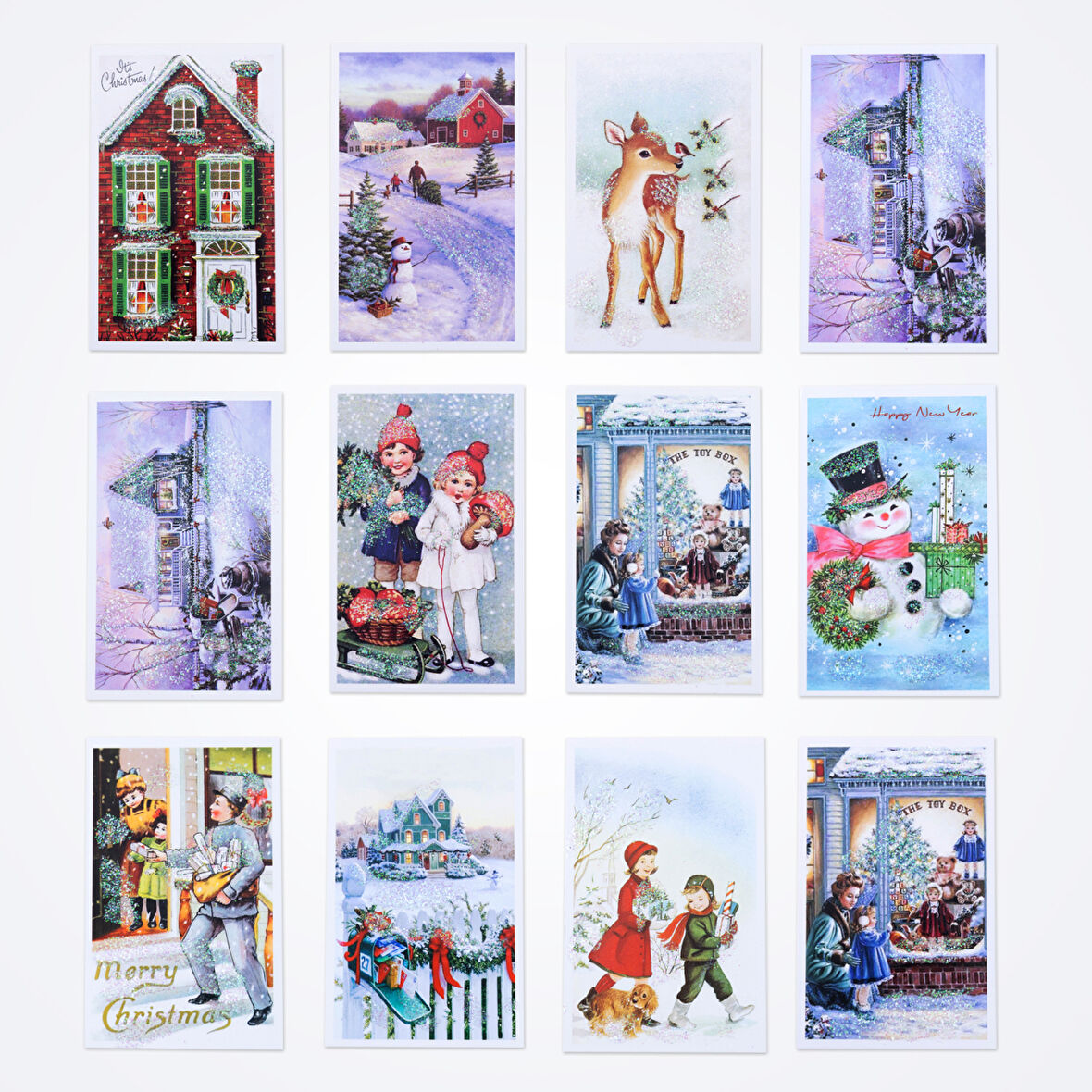 Simli kartpostal, yılbaşı, kırmızı ev ve kardan adam  Set (12 adet)