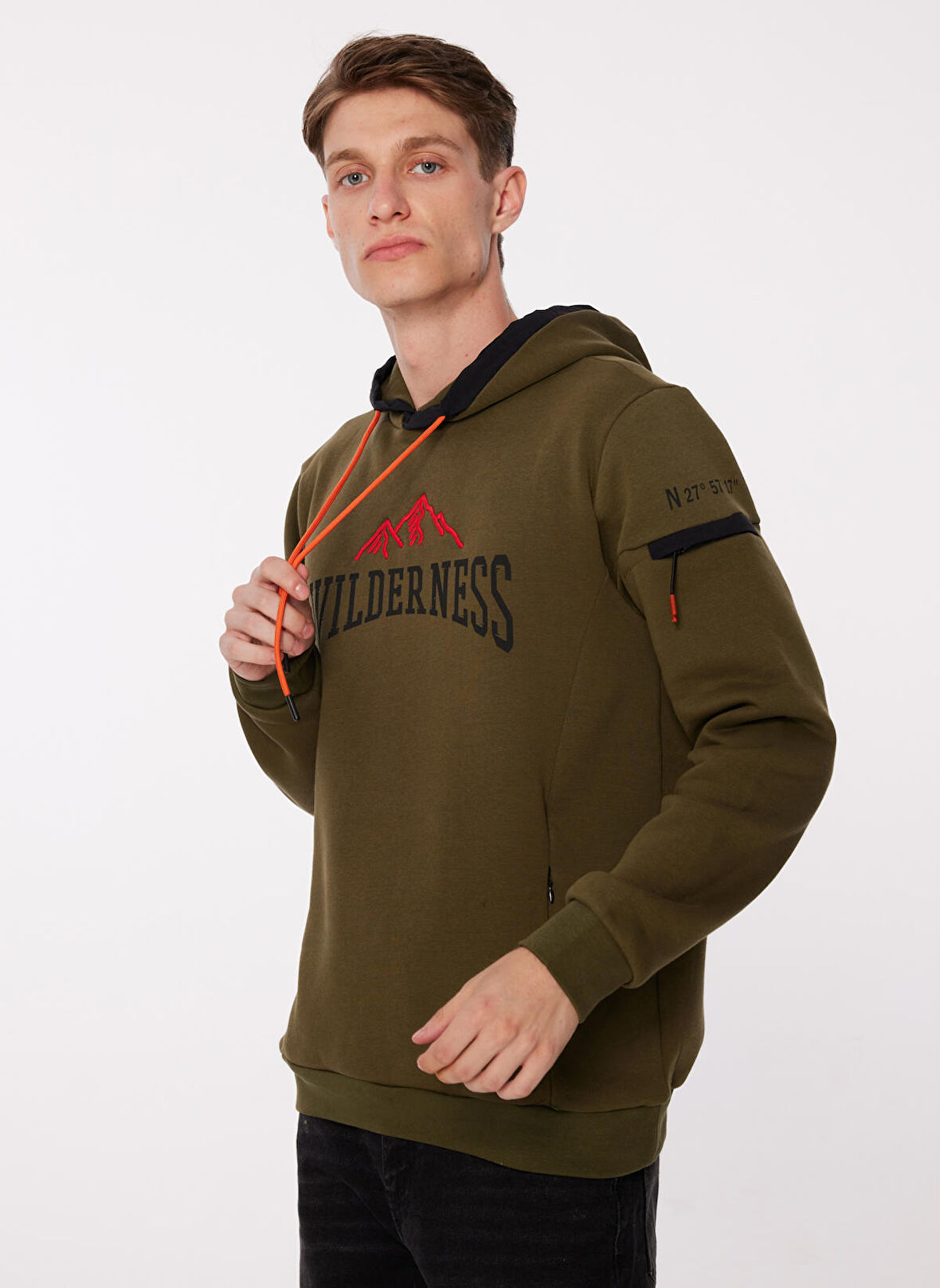 People By Fabrika Kapüşon Yaka Baskılı Haki Erkek Sweatshırt SPBF3WM-SWT5023