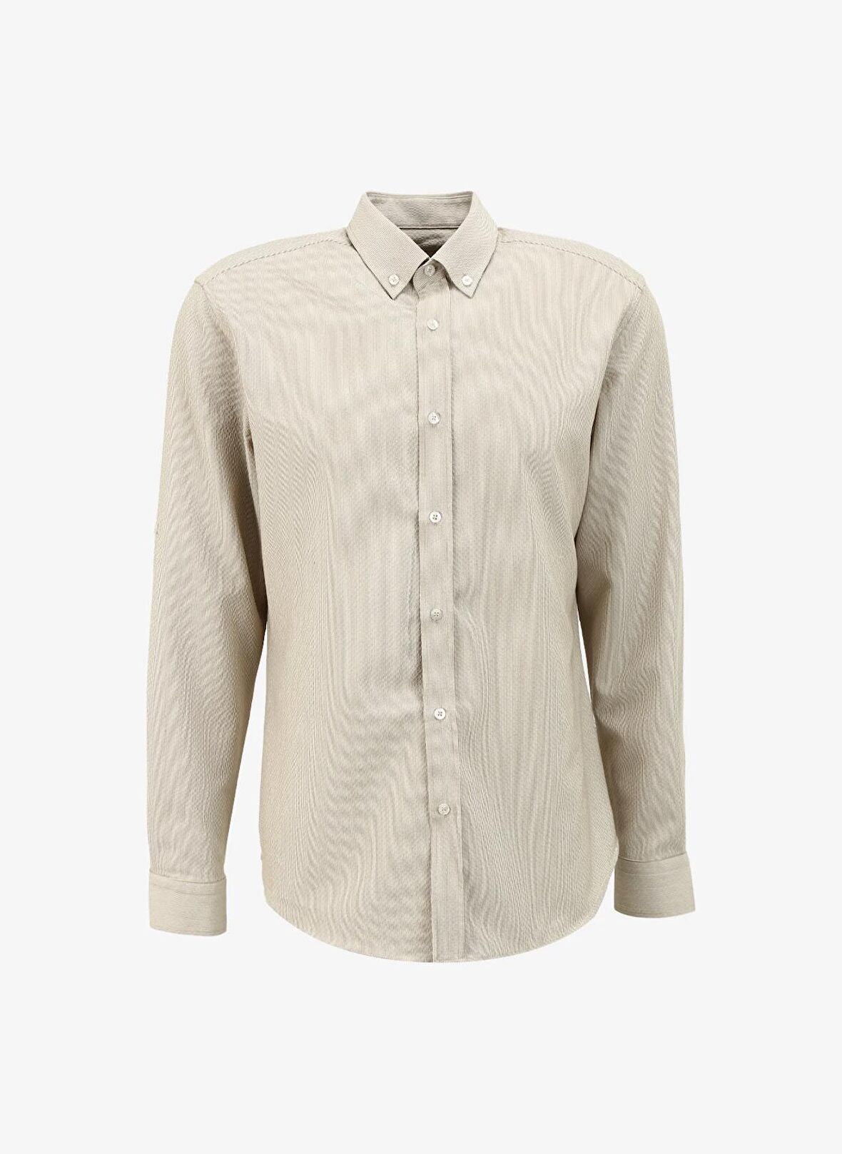 Fabrika Bej Erkek Düğmeli Relaxed Çizgili Gömlek F4SM-GML 0252
