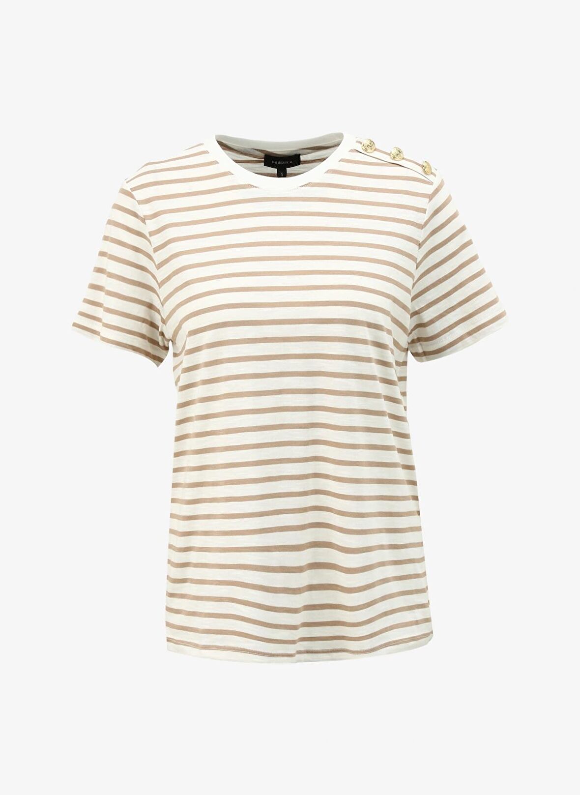 Fabrika Bisiklet Yaka Çizgili Beyaz - Bej Kadın T-Shirt F4SL-TST0535