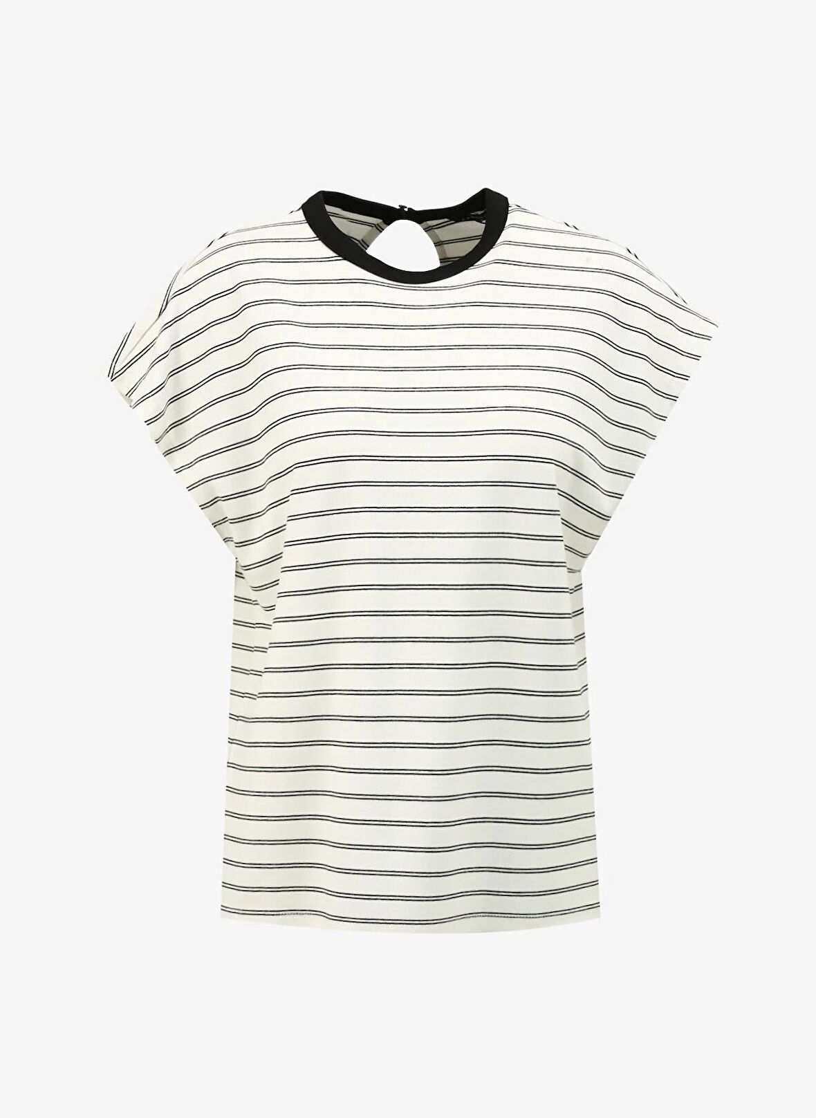 Fabrika Bisiklet Yaka Çizgili Beyaz - Siyah Kadın T-Shirt F4SL-TST0658
