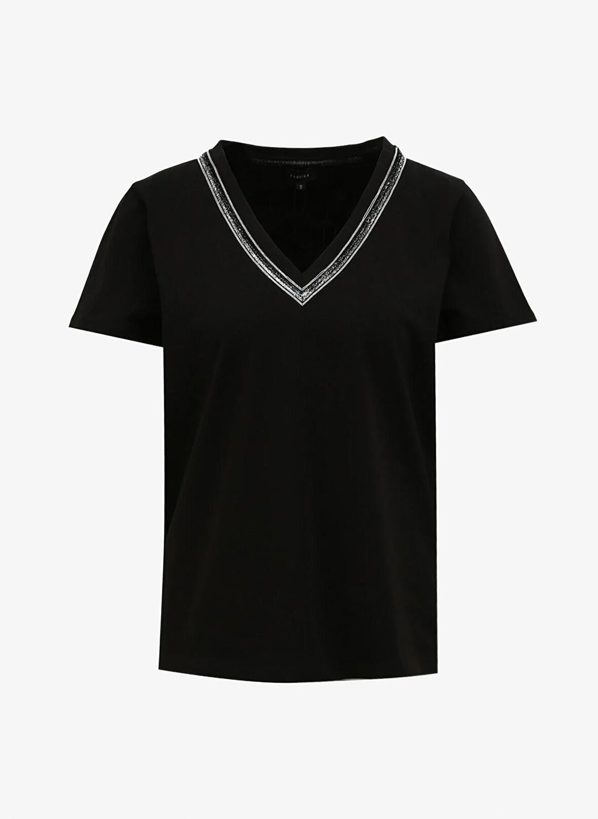 Fabrika Comfort V Yaka İşlemeli Siyah Kadın T-Shirt FC4SL-TST0708