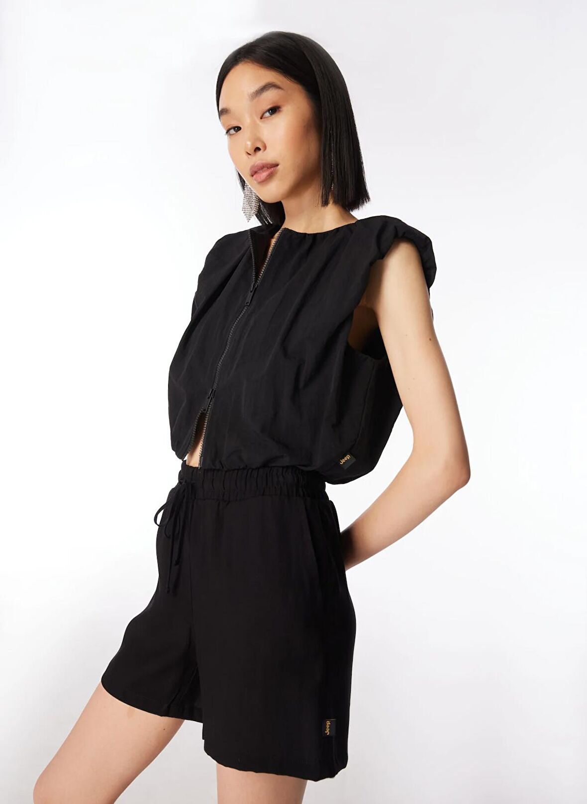 Jeep Crop Top Bisiklet Yaka Düz Örgü Desenli Siyah Kadın Gömlek C4SL-GML4003