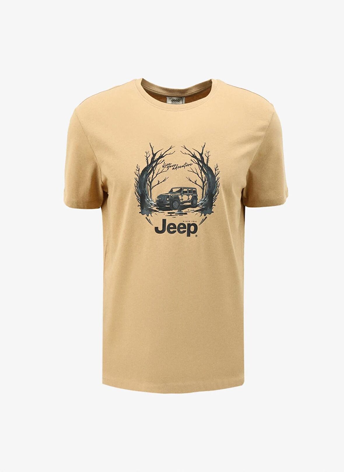 Jeep Bisiklet Yaka Baskılı Deve Tüyü Erkek T-Shirt J4SM-TST7258
