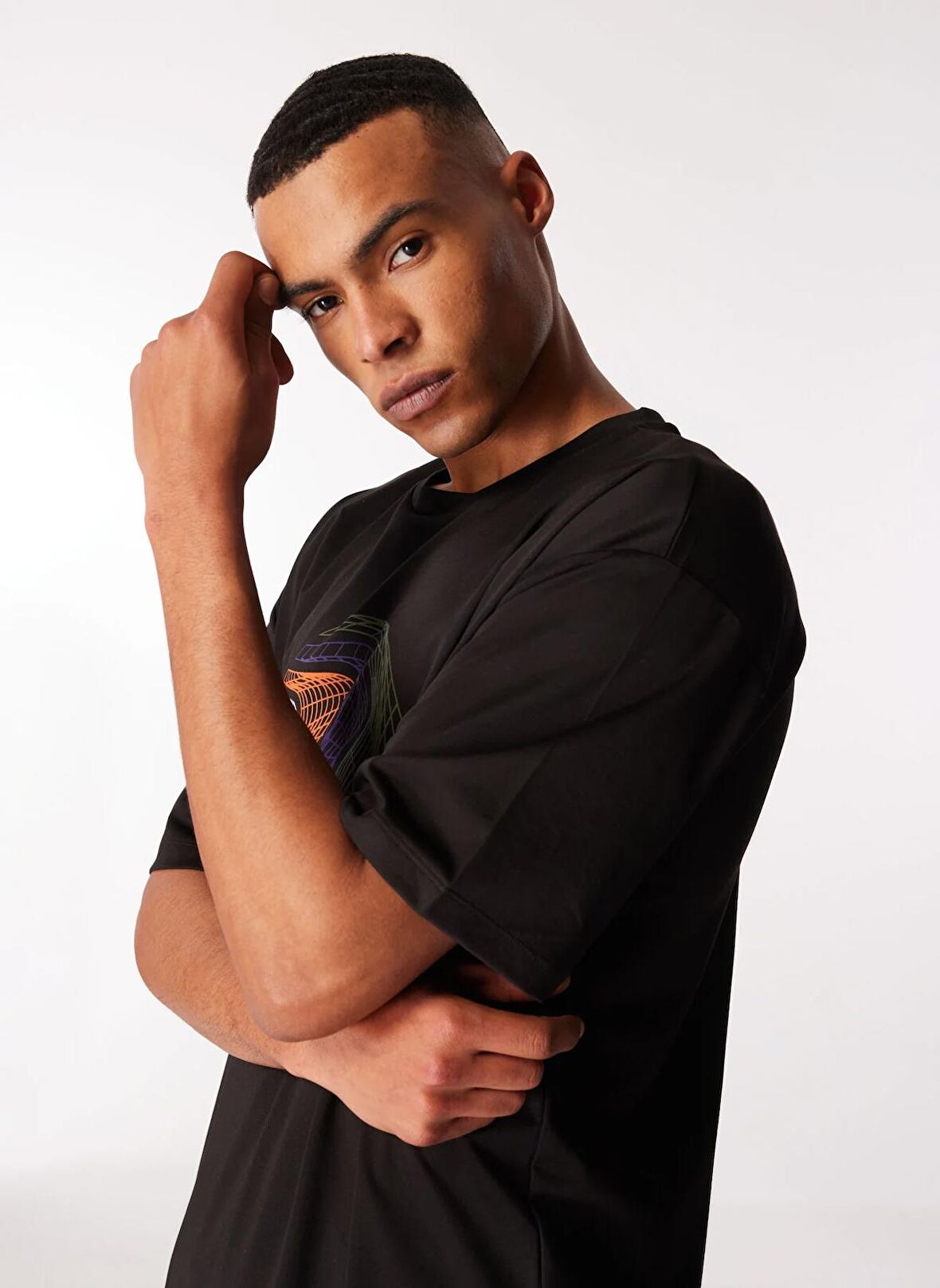Siyah Erkek Bisiklet Yaka Loose Fit Baskılı T-Shirt D4SM-TST3275