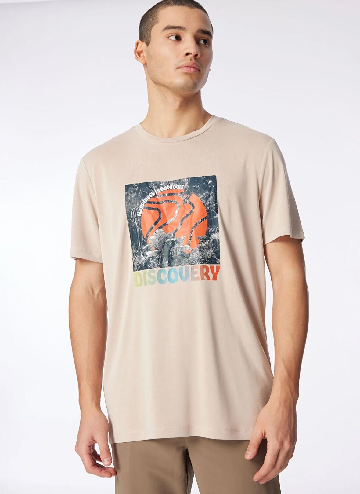 Bej Bisiklet Yaka Relaxed Baskılı T-Shirt D4SM-TST3280