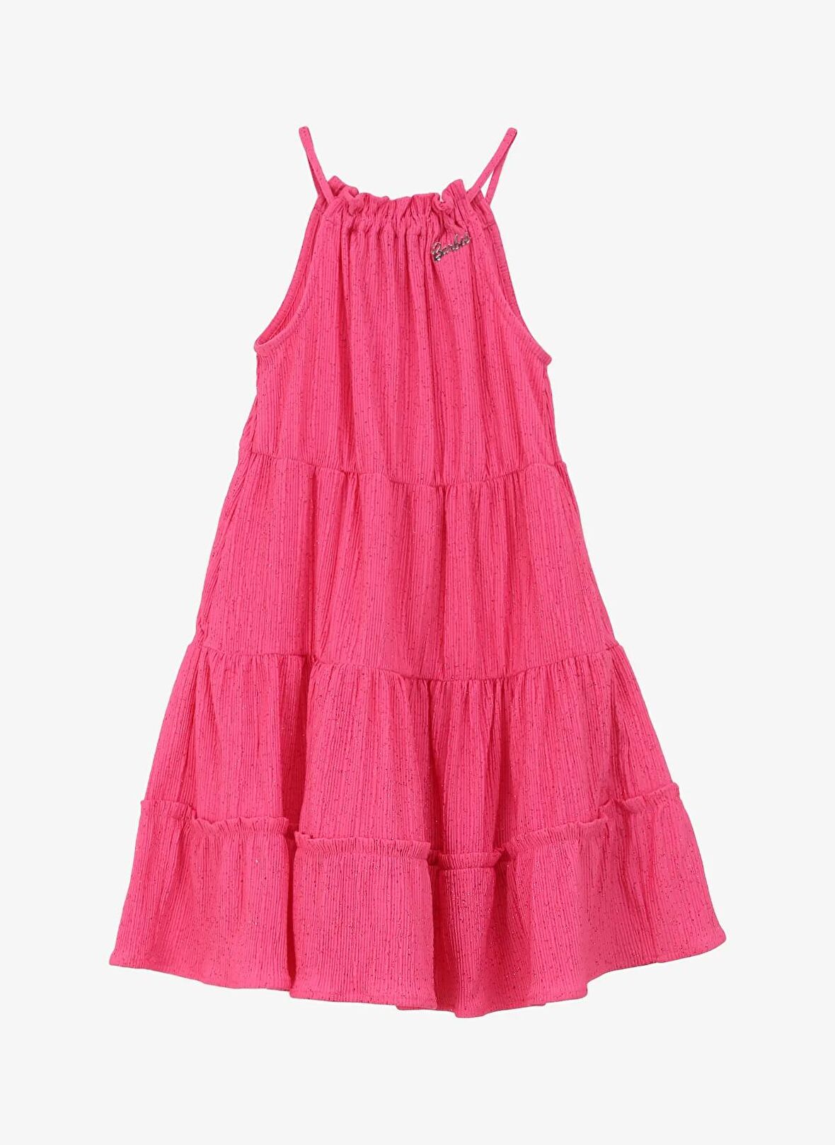 Barbie Pembe Kız Çocuk Yuvarlak Yaka Regular Fit Simli Elbise BRB4SG-ELB6008