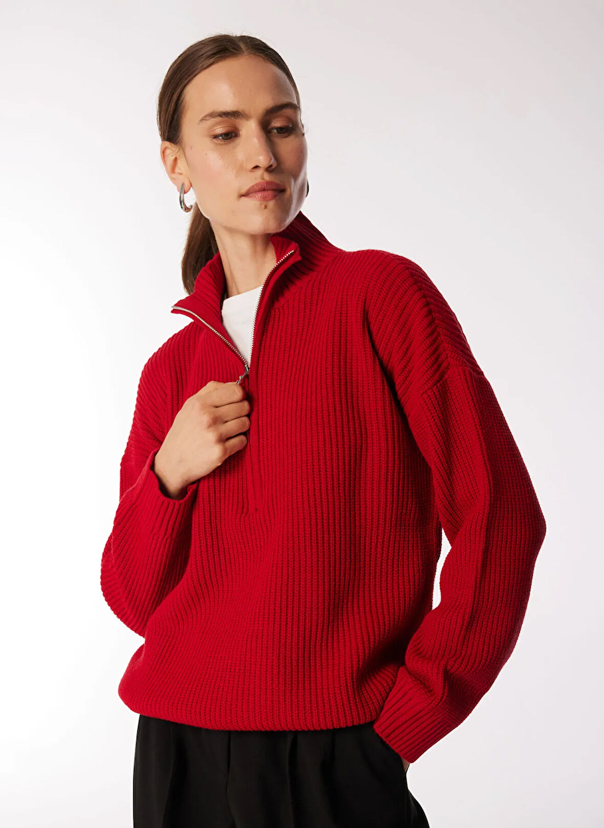 Fabrika Fermuarlı Yaka Geniş Fit Düz Kırmızı Kazak Kadın KATTEN