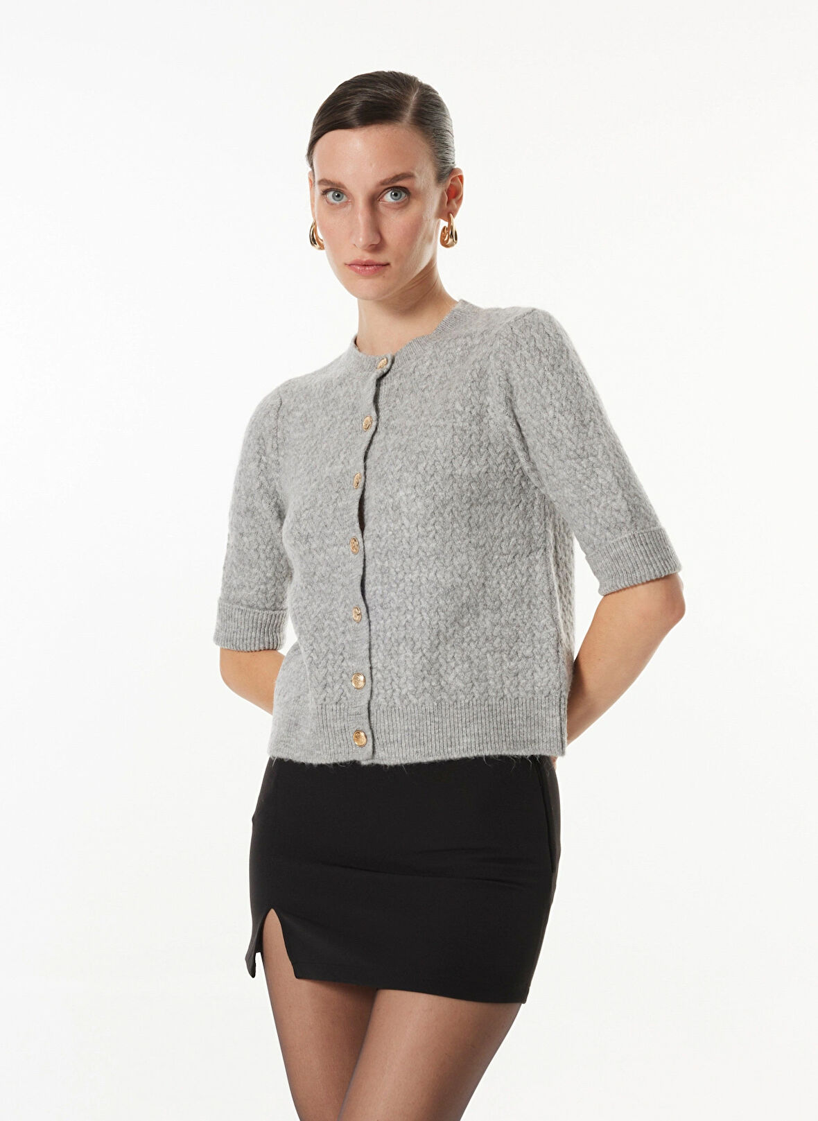 Fabrika Gri Kadın Bisiklet Yaka Basic Fit Armürlü Hırka F3WL-HRK4