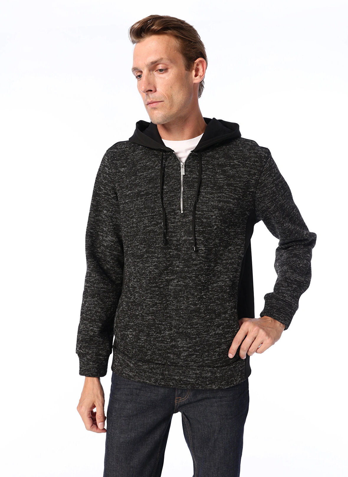 Fabrika Kapüşon Yaka Düz Siyah Erkek Sweatshırt F4WM-SWT 2767