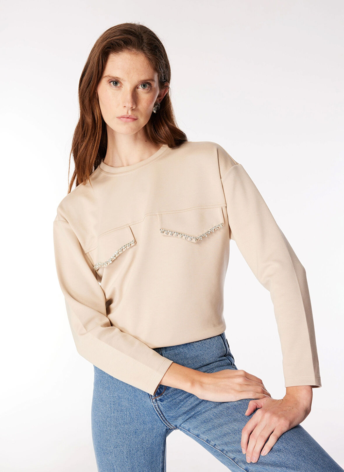 Fabrika Bisiklet Yaka Düz Açık Bej Kadın Sweatshırt F4WL-SWT0136