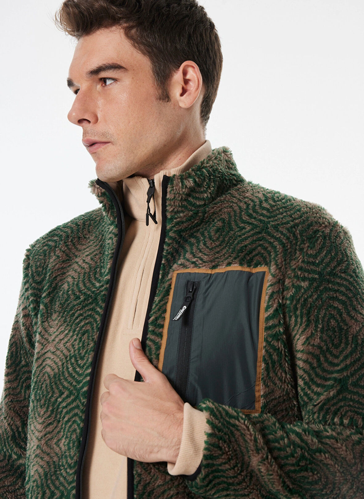 Haki Erkek Dik Yaka Relaxed Desenli Sweatmont D4WM-SWT3269
