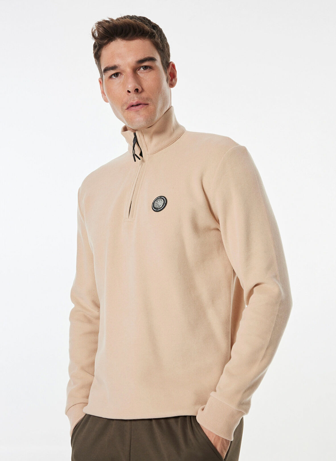 Bej Erkek Fermuarlı Yaka Relaxed Fit Sweatshirt D4WM-SWT3930