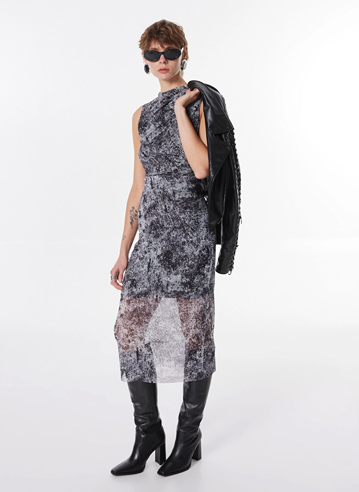 Mustang Bisiklet Yaka Baskılı Gri - Çok Renkli Uzun Kadın Elbise M4WL-ELB-1155