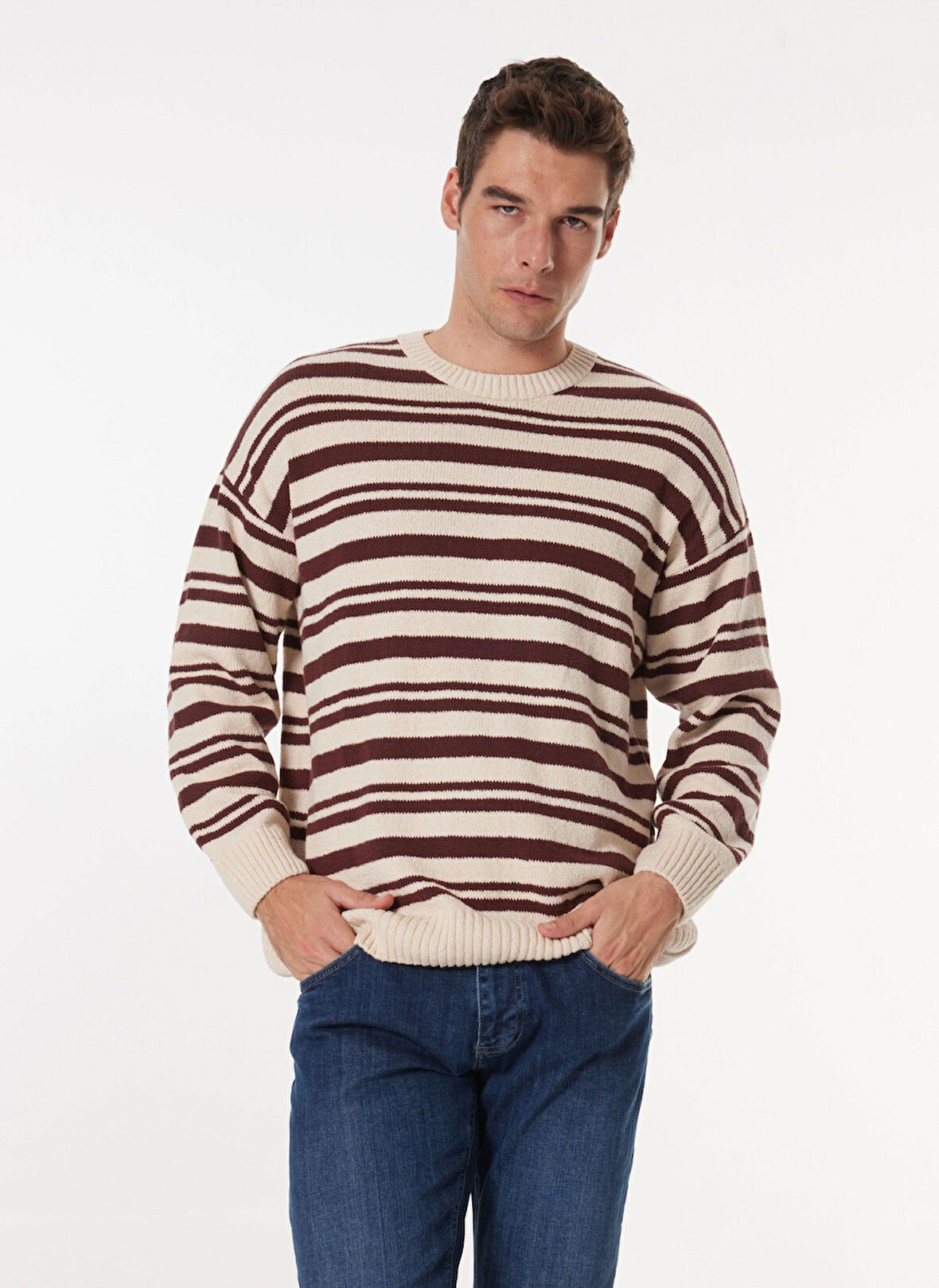 Mustang Bisiklet Yaka Loose Fit Çizgili Kahve - Bej Erkek Kazak M4WM-KZK-1622