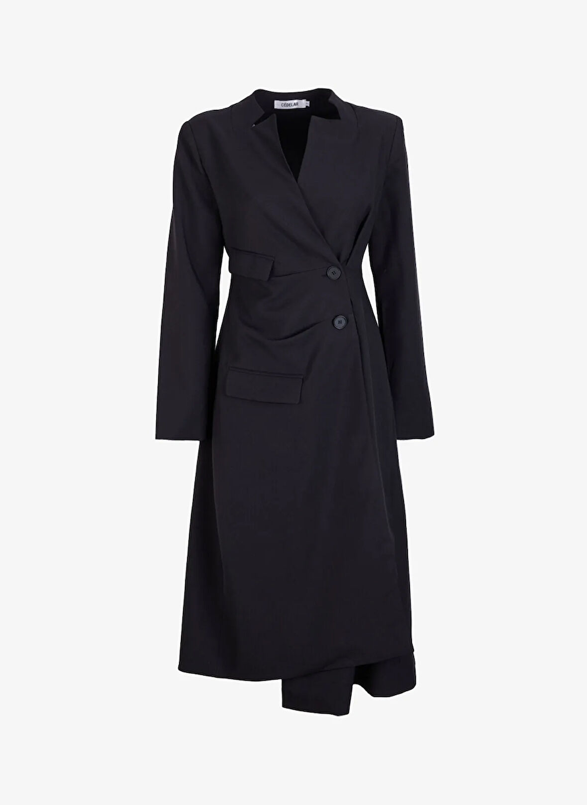 Cedelar Ceket Yaka Düz Siyah Uzun Kadın Elbise SUMIRA