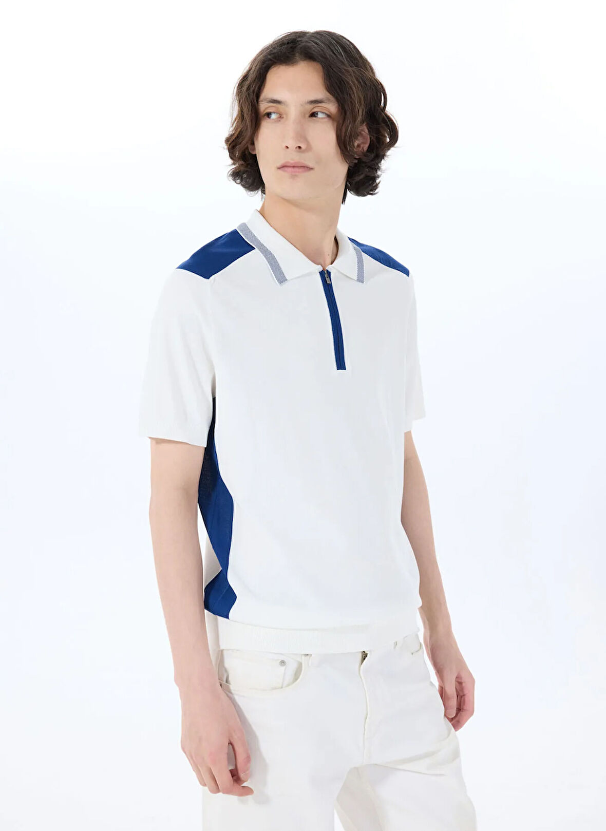 Jeep Polo Yaka Relaxed Blok Desenli Ekru - Lacivert Erkek Kazak J5SM-KZK7209