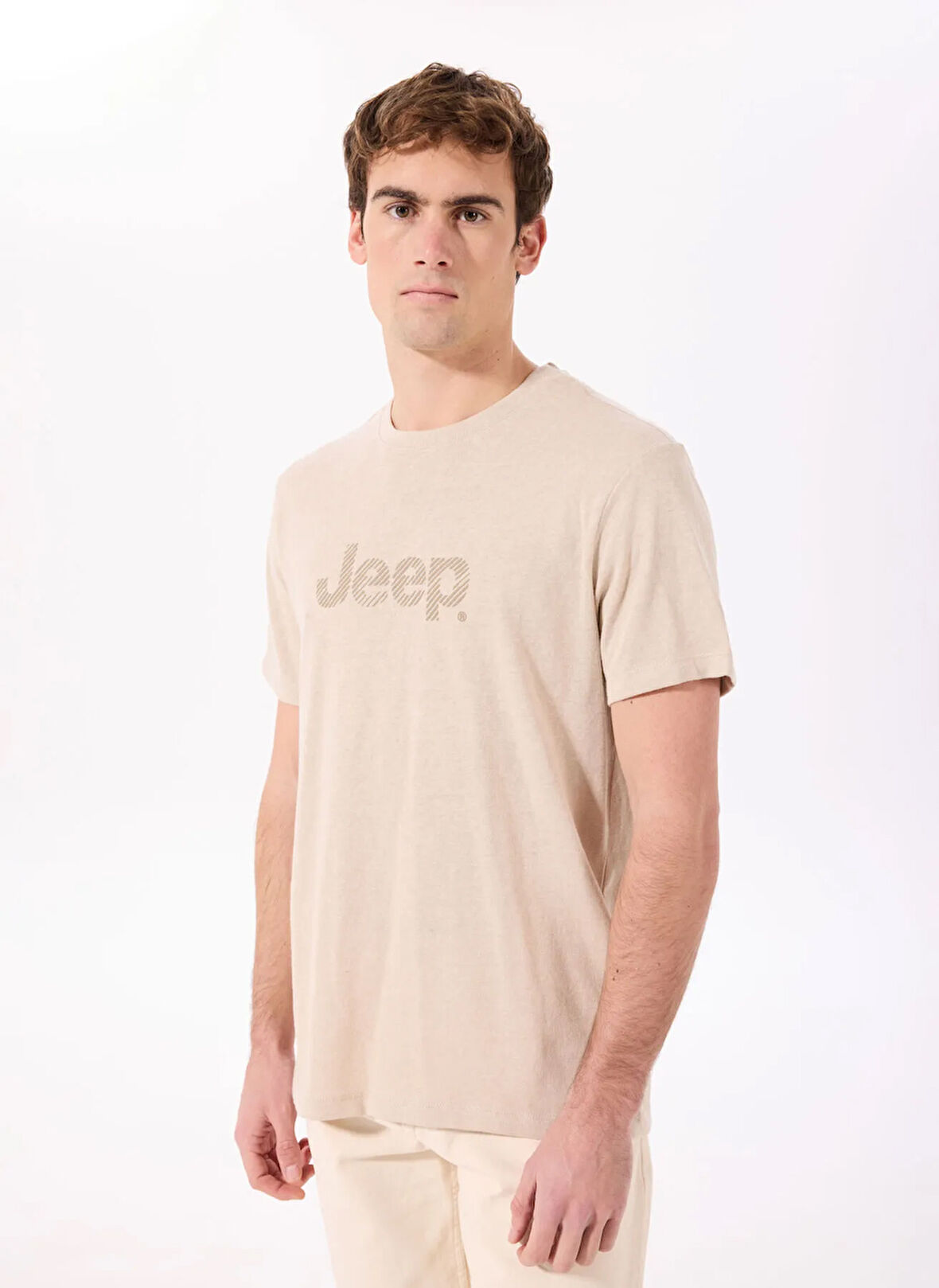 Jeep Bisiklet Yaka Baskılı Bej Erkek T-Shirt J5SM-TST7322