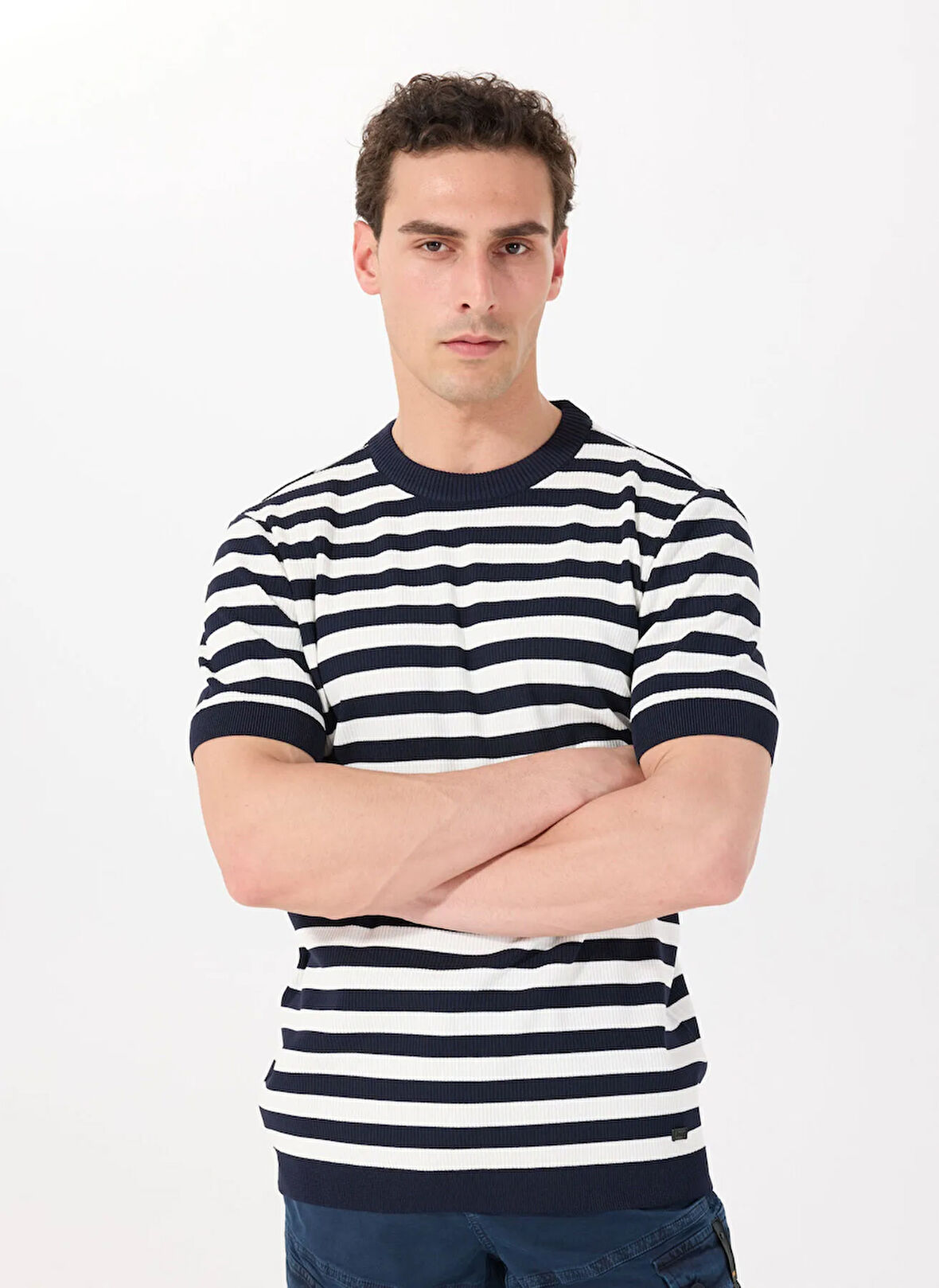 Jeep Bisiklet Yaka Basic Çizgili Lacivert - Beyaz Erkek Kazak J5SM-KZK7210