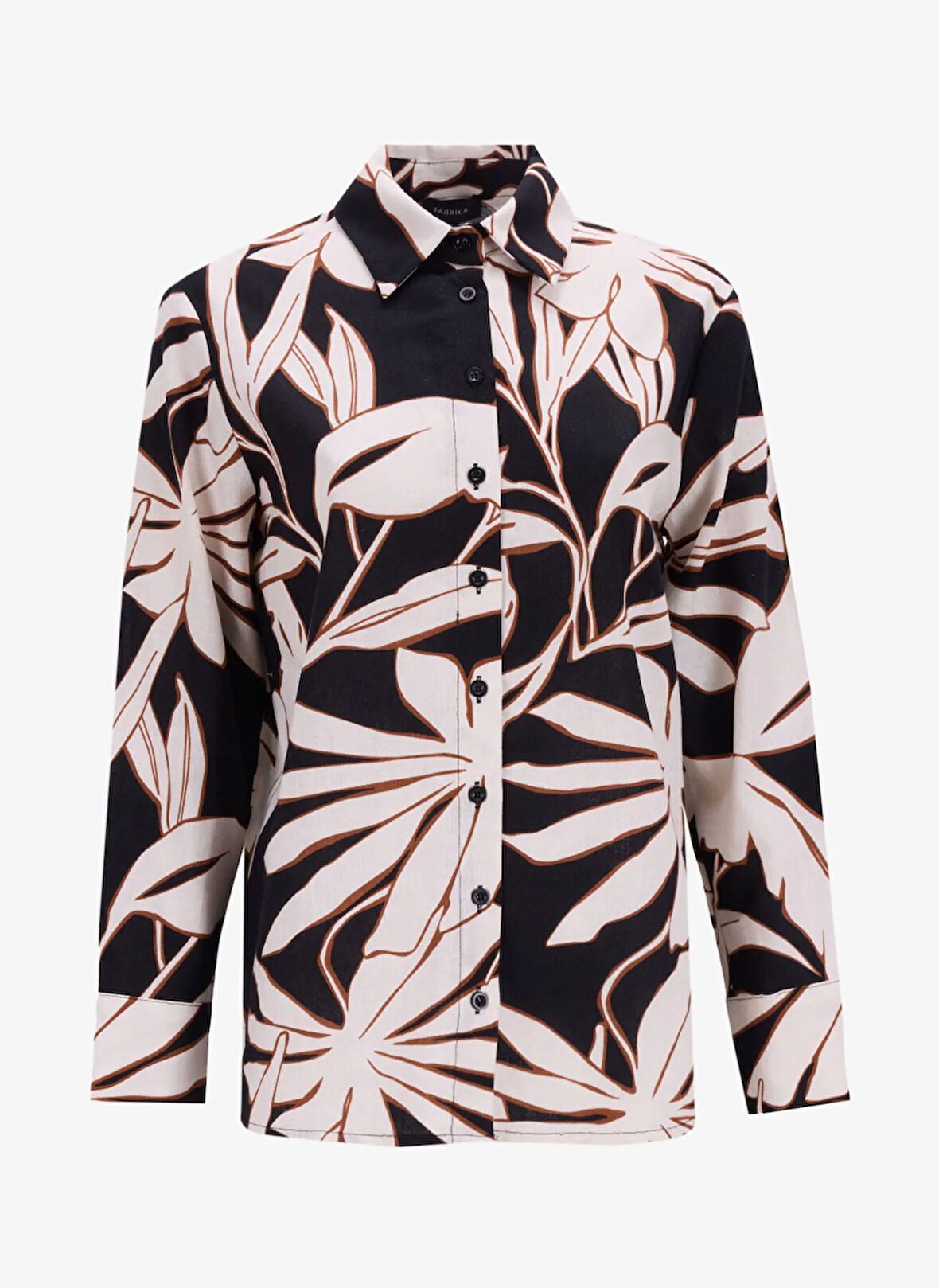 Fabrika Comfort Rahat Gömlek Yaka Desenli Bej - Siyah Kadın Gömlek FC5SL-GML0146
