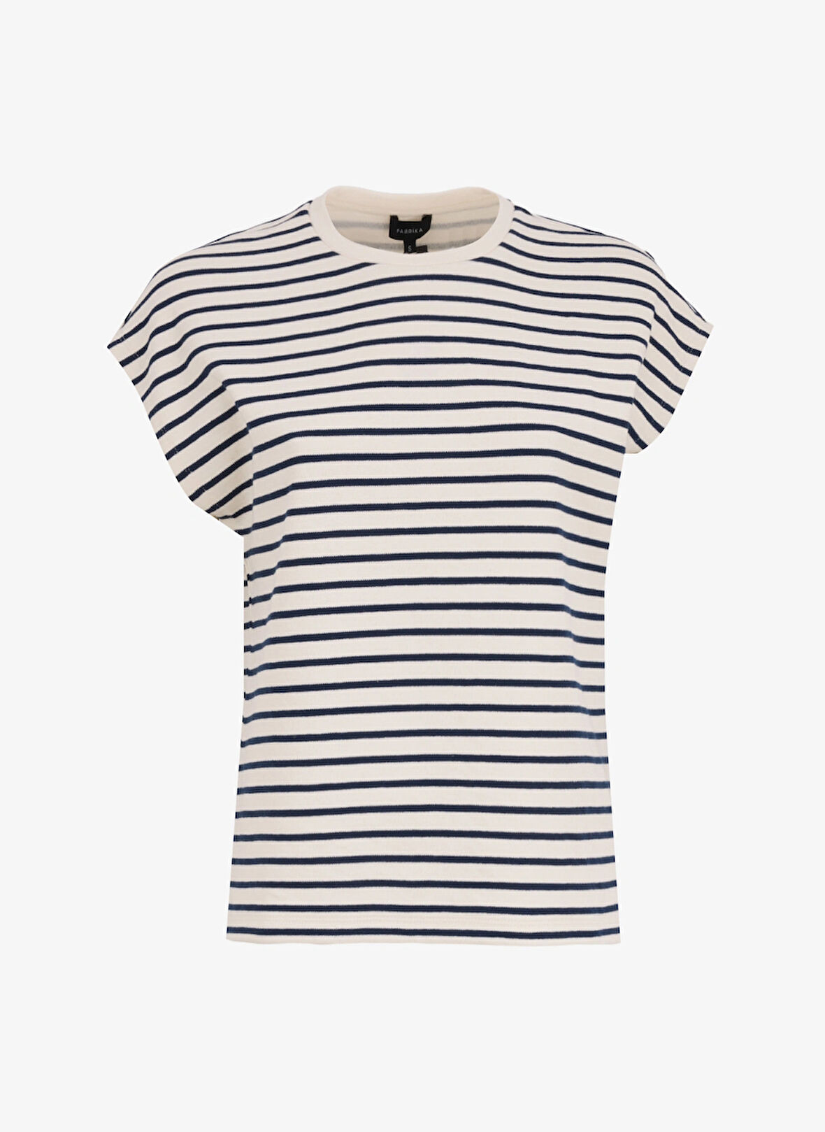Fabrika Bisiklet Yaka Çizgili Ekru - Lacivert Kadın T-Shirt F5SL-TST0189