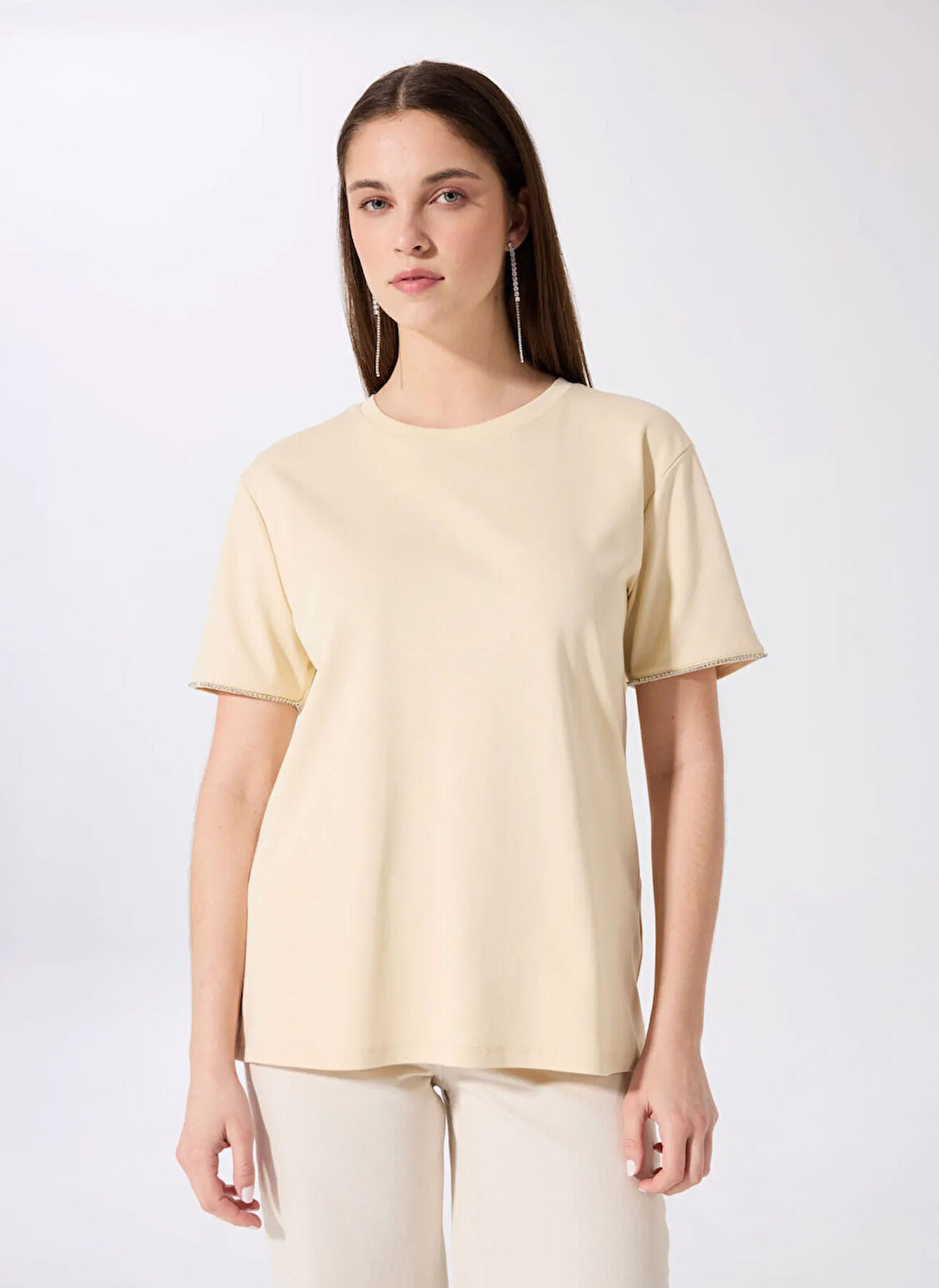 Bej Kadın Relaxed Taşlı T-Shirt FC5SL-TST0217