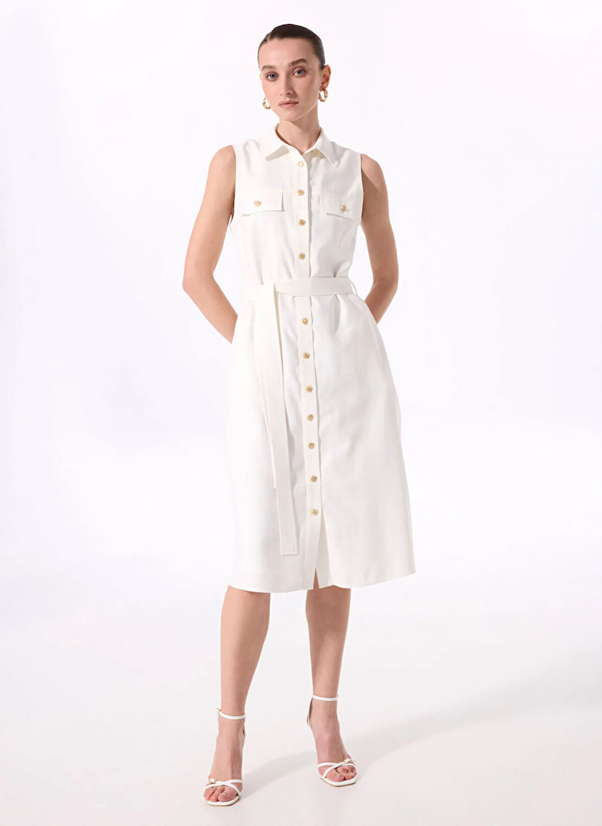 Fabrika Gömlek Yaka Düz Beyaz Diz Altı Kadın Elbise F5SL-ELB0015