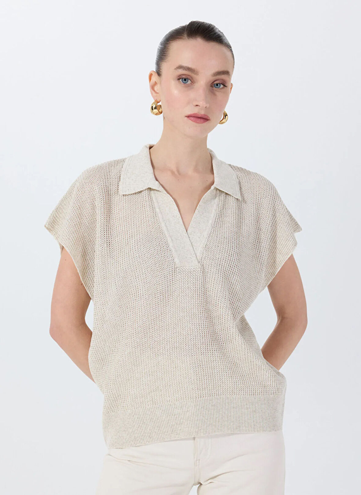 Fabrika Polo Yaka Düz Açık Bej Kadın Bluz F5SL-BLZ0238