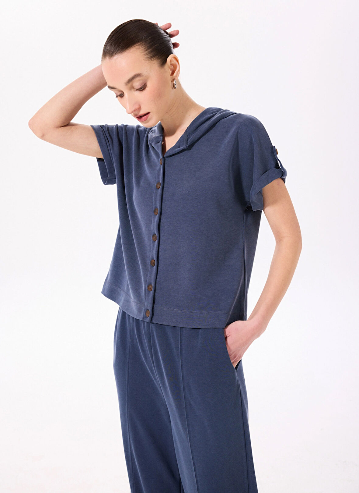 Fabrika Kapüşon Yaka Düz Lacivert Kadın Sweatshırt F5SL-SWT0092