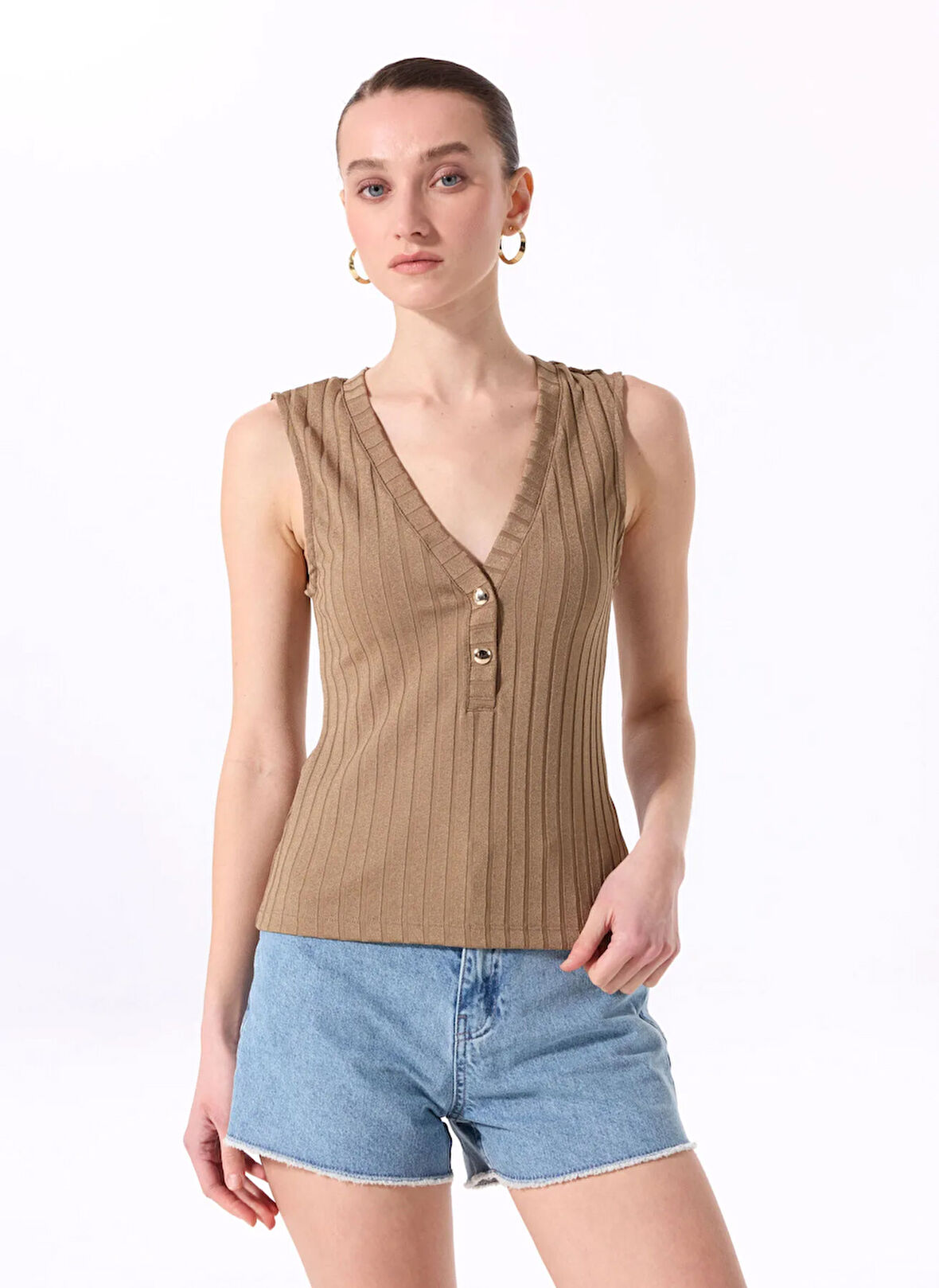 Fabrika V Yaka Fitilli Haki Kadın Atlet F5SL-TST0110