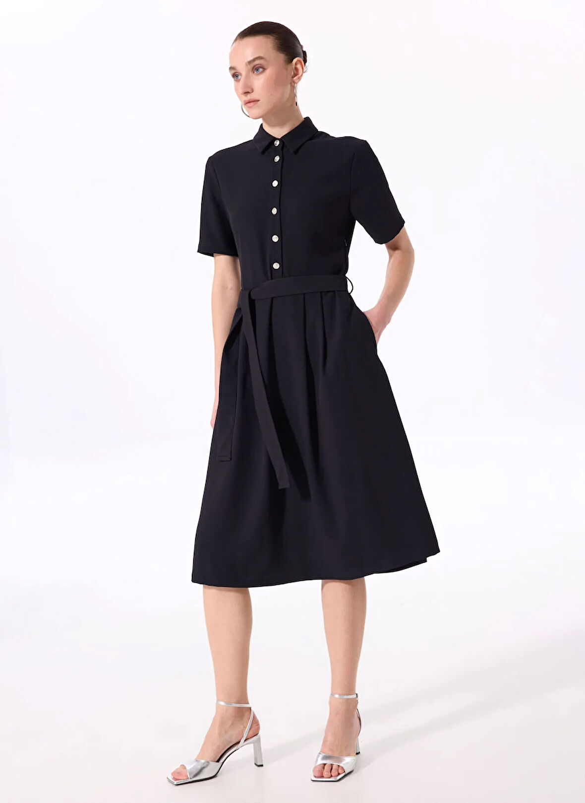 Fabrika Comfort Gömlek Yaka Düz Lacivert Diz Altı Kadın Elbise FC5SL-ELB0162