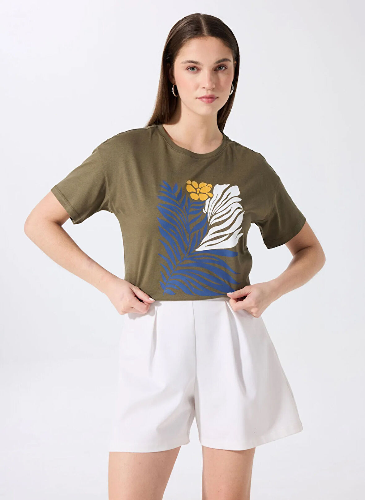 Fabrika Bisiklet Yaka Baskılı Haki Kadın T-Shirt F5SL-TST0458