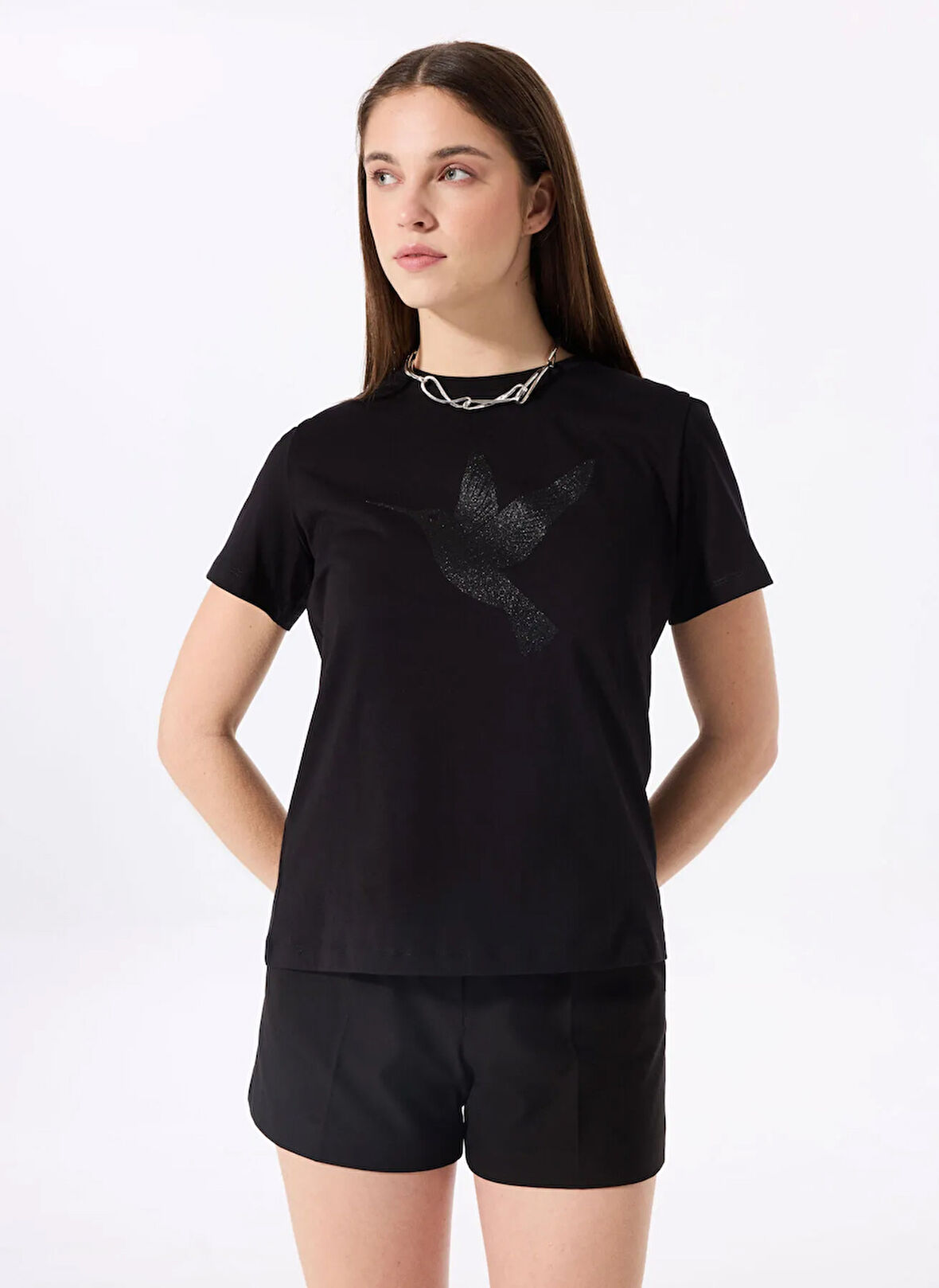 Fabrika Bisiklet Yaka Baskılı Siyah Kadın T-Shirt F5SL-TST0379