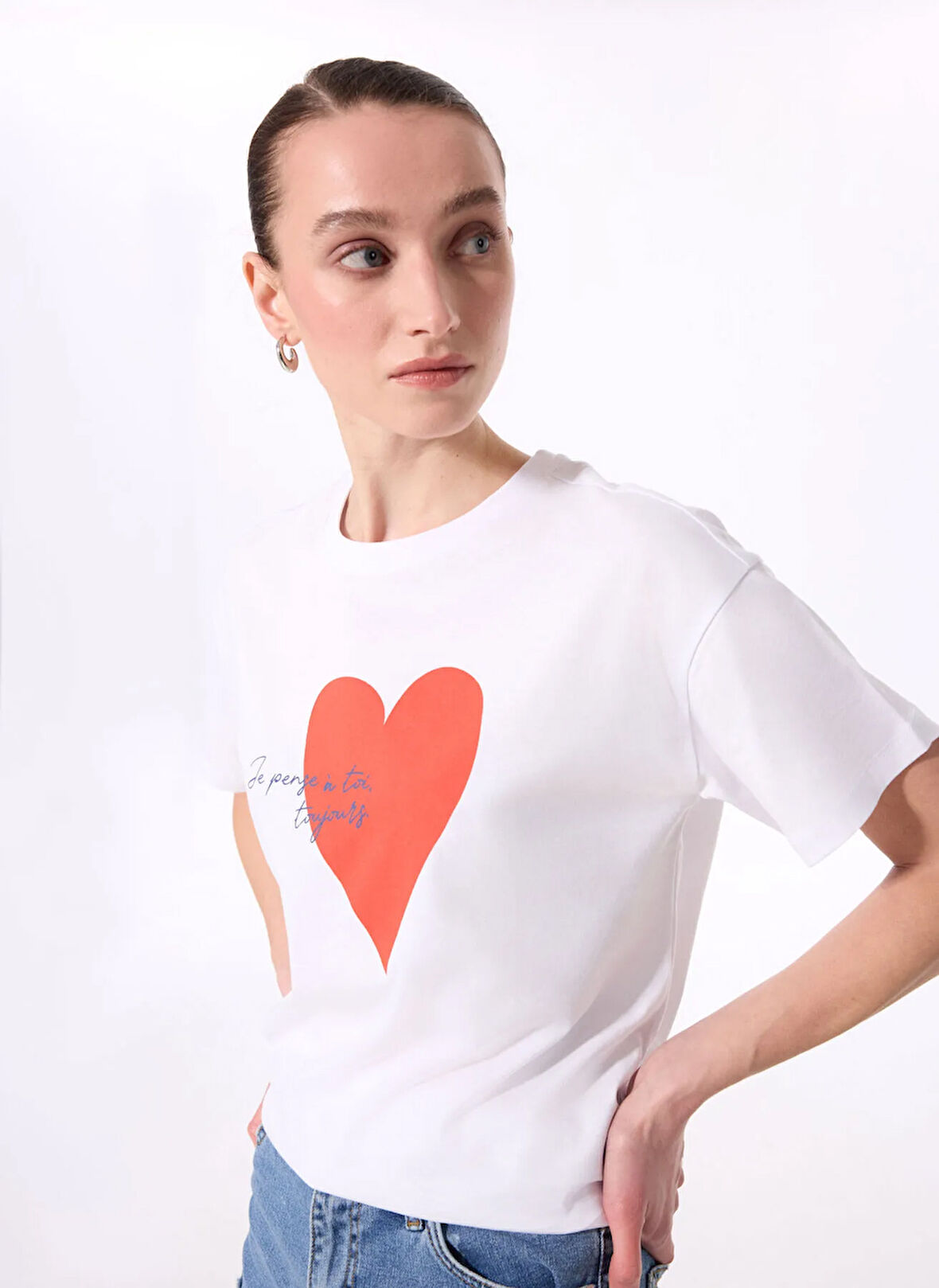 Fabrika Bisiklet Yaka Baskılı Beyaz Kadın T-Shirt F5SL-TST0424