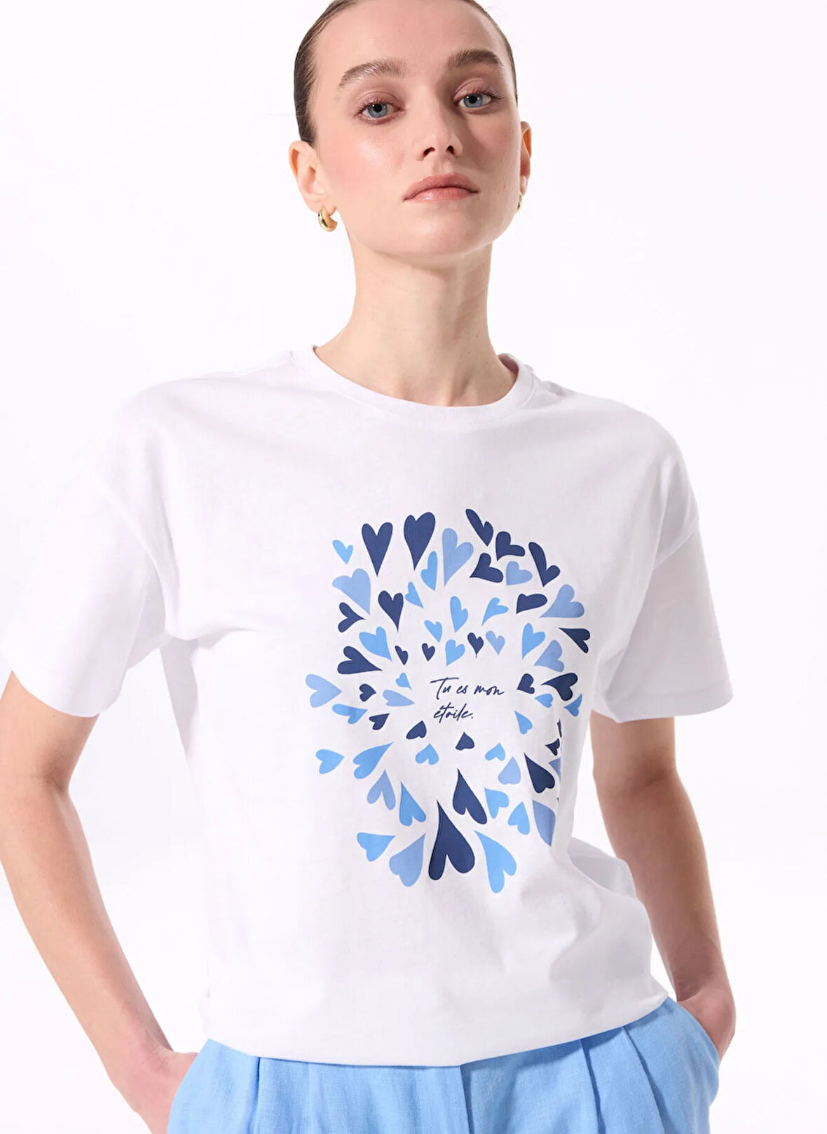 Fabrika Bisiklet Yaka Baskılı Beyaz Kadın T-Shirt F5SL-TST0425